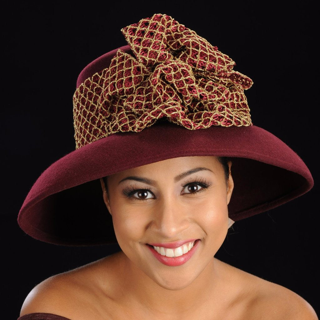 FW1139 Burgundy & Gold Wool Dress Hat for Women - Elegant Winter Fashion Accessory for Parties, Weddings & Formal Events