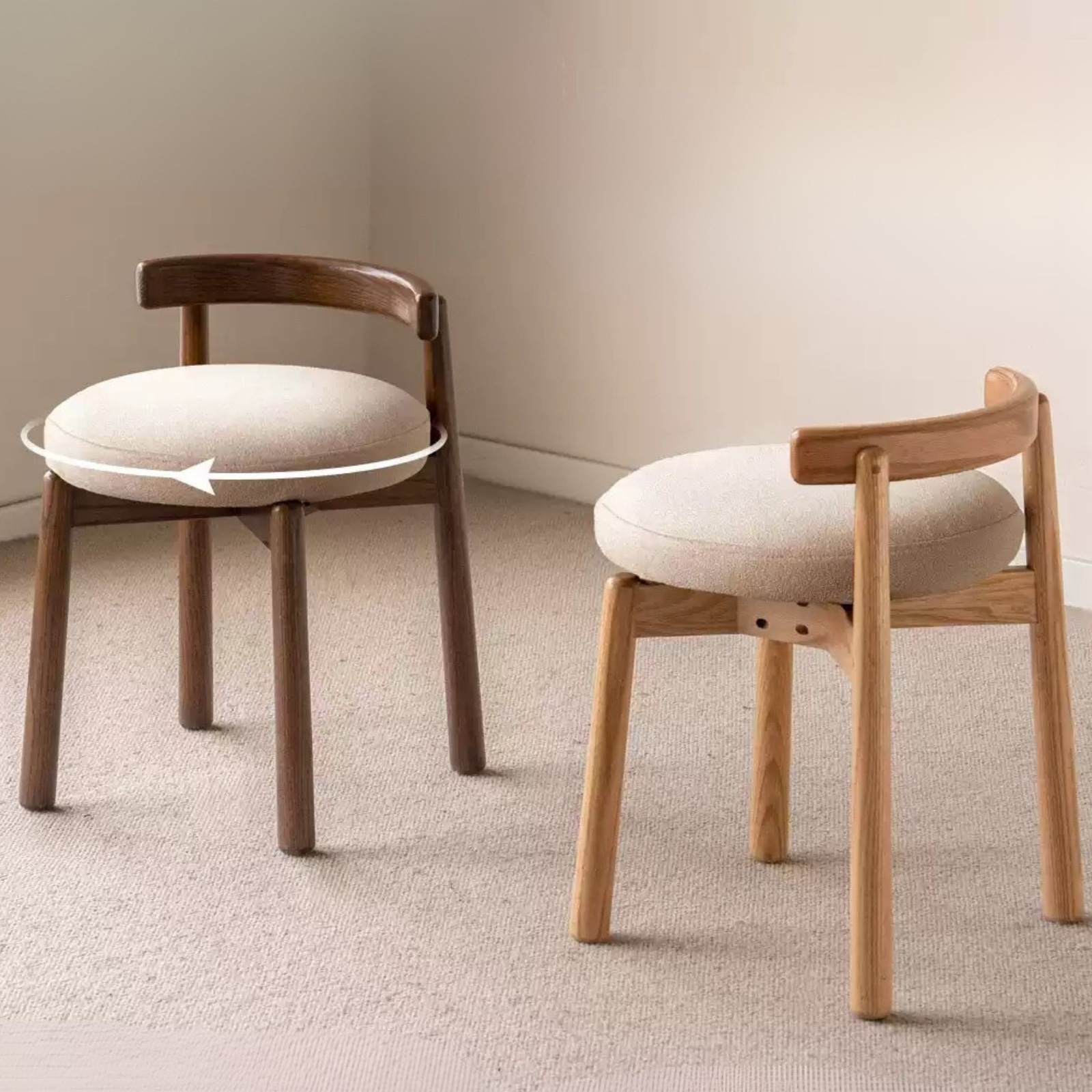 Modern Oak Solid Wood Rotating Makeup Stool with Soft Cushion - Perfect for Vanity, Dressing Room & Bedroom Decor