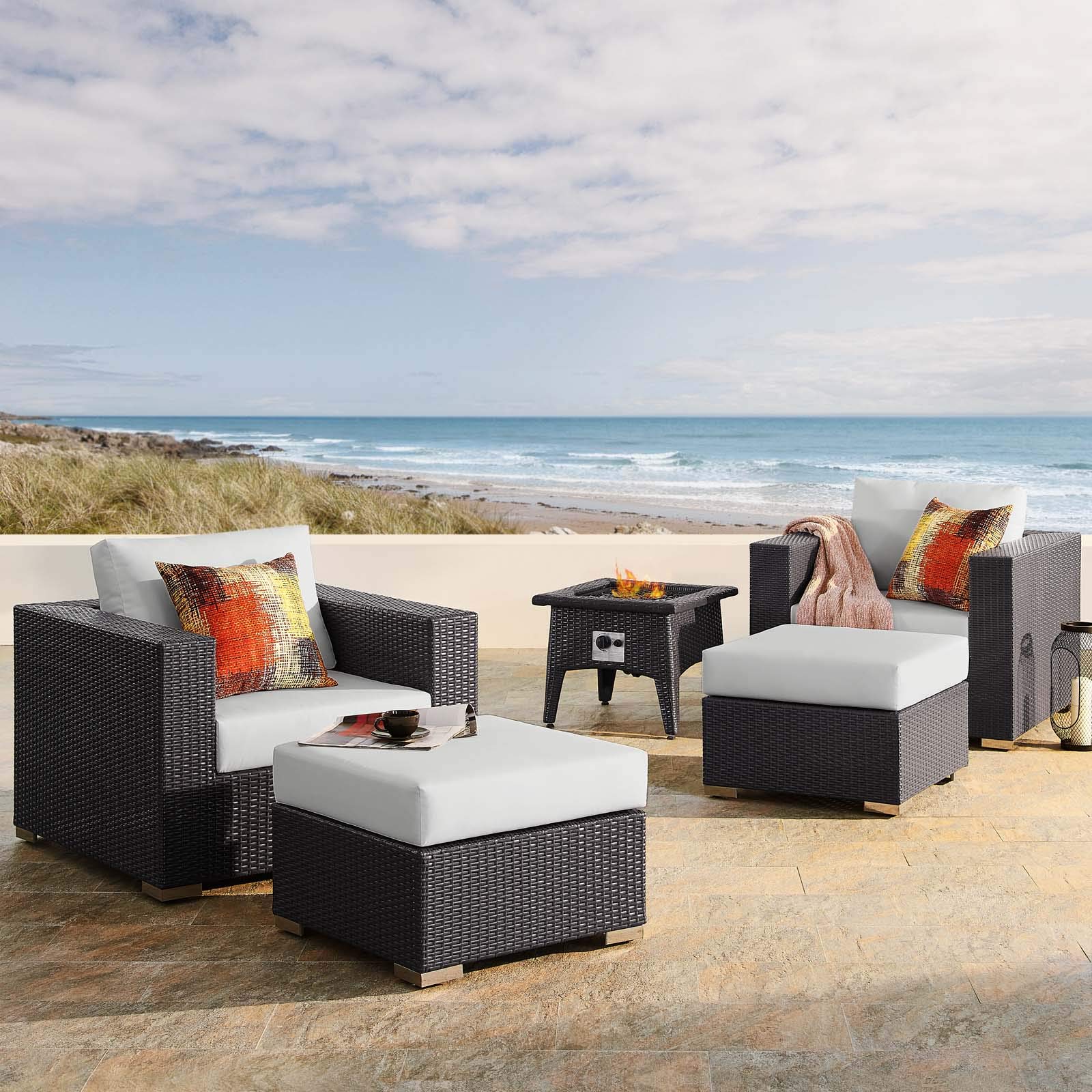 Modway Convene 5-Piece Wicker Rattan Outdoor Patio Sectional Set with Fire Pit - Espresso White - Perfect for Backyard, Garden, and Poolside Relaxation