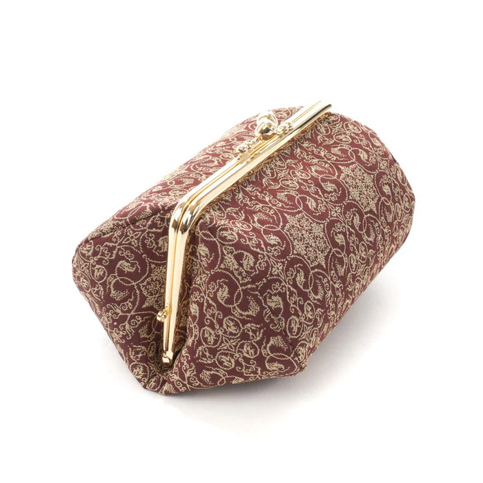 Handmade Kyoto Nishijin Silk Small Pouch - Grapevine Brown Japanese Gamaguchi Bag | Cosmetic & Makeup Organizer | Travel Toiletry & Stationery Pouch | Bag-in-Bag Organizer for Women's Purse, Gift Idea for Her