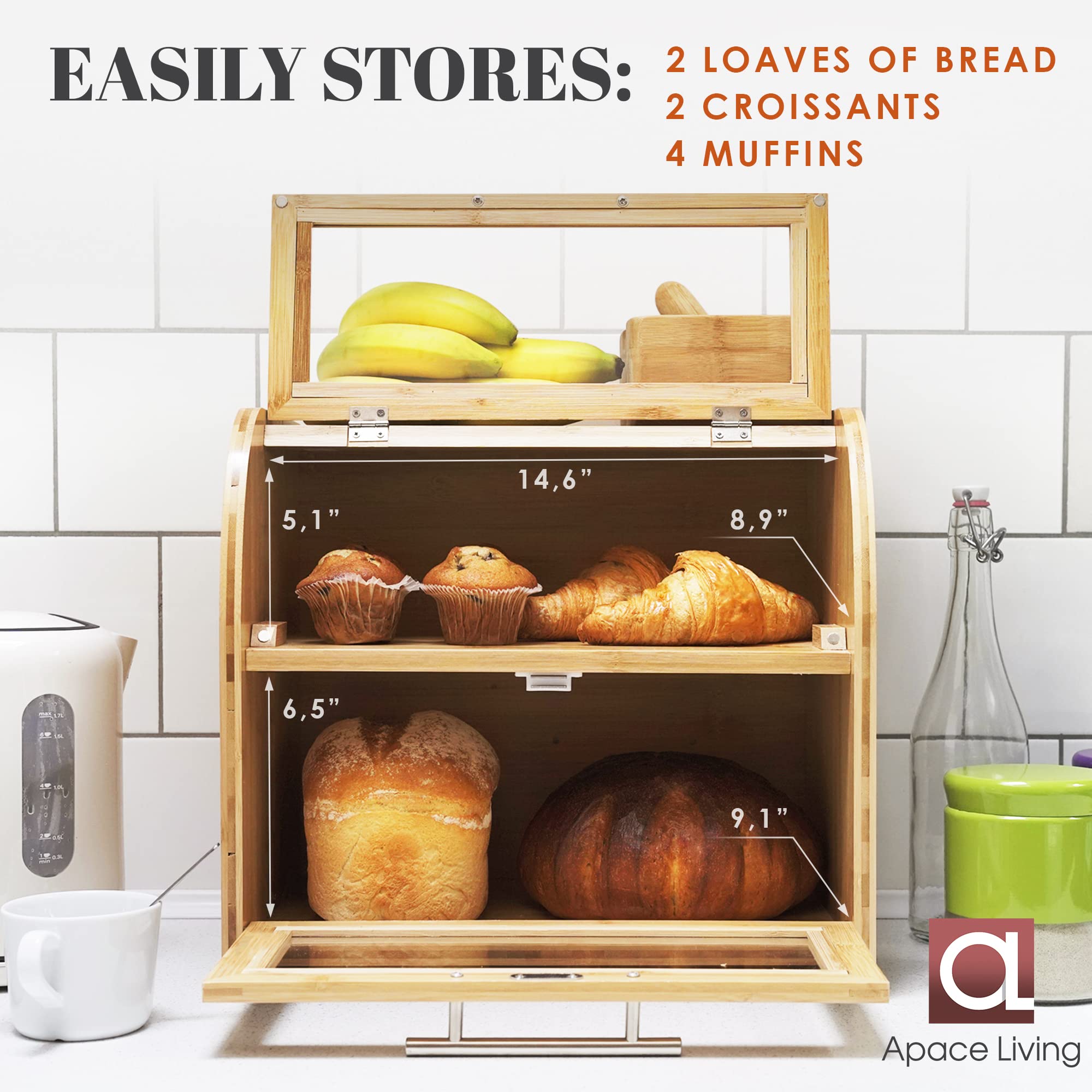 Stylish Bamboo Bread Box for Kitchen Countertop - Extra Large 2-Tier Wooden Bread Storage Container with Clear View Windows & Air Vents | Keeps Bread, Bagels, Rolls Fresh Longer | Easy Assembly | Perfect for Home Bakeries, Restaurants & Cafés