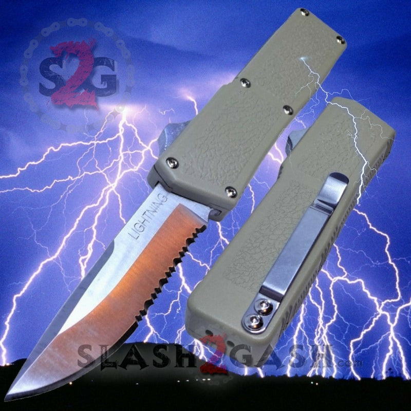 Premium Lightning OTF Dual Action Automatic Knife - Satin Serrated Blade for Tactical, Outdoor & Everyday Carry (EDC) | Self-Defense, Camping & Survival Tool