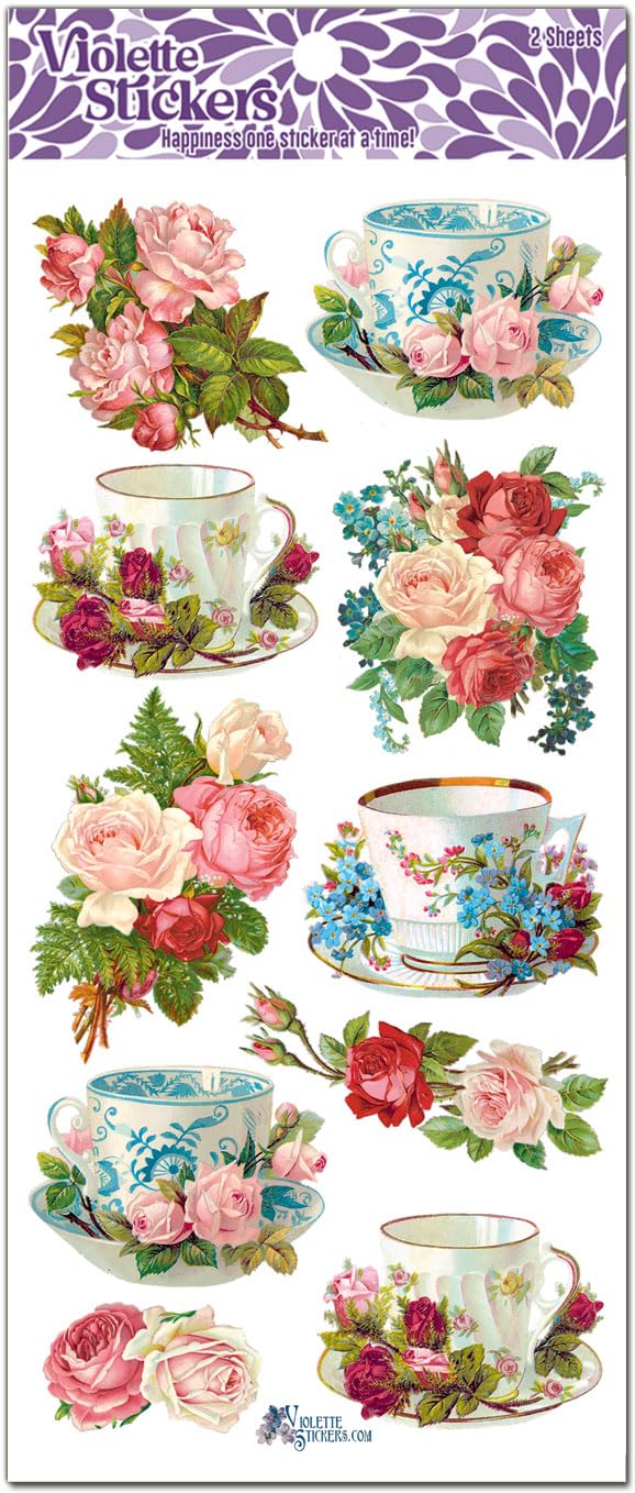 Violette Stickers - Teacups and Roses Waterproof Vinyl Stickers for Kids, Beautifully Detailed Miniature Coffee Cup Decals - 2 Sheets - Perfect for Scrapbooks, Laptops, Water Bottles & DIY Crafts