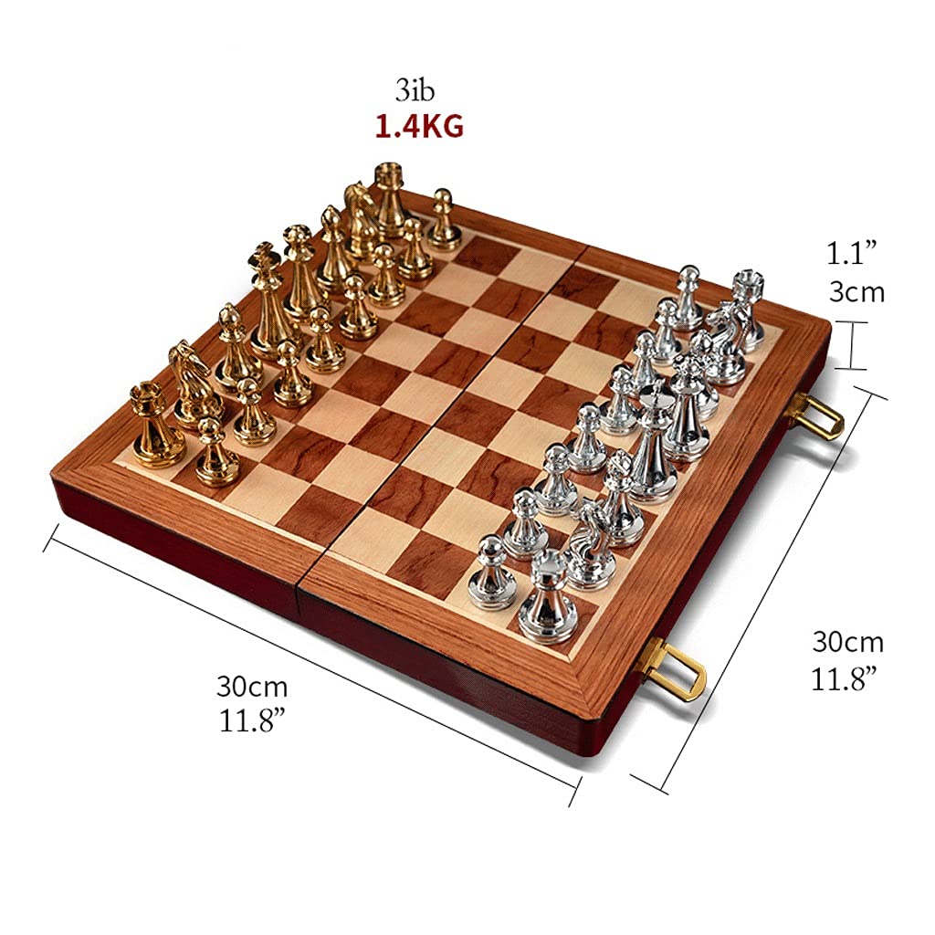 LIUHUI Handcrafted Folding Metal Chess Set with Storage - Retro Copper Plated Chess Pieces & Wooden Board - Perfect for Home Decor, Game Nights, and Gifts for Chess Lovers