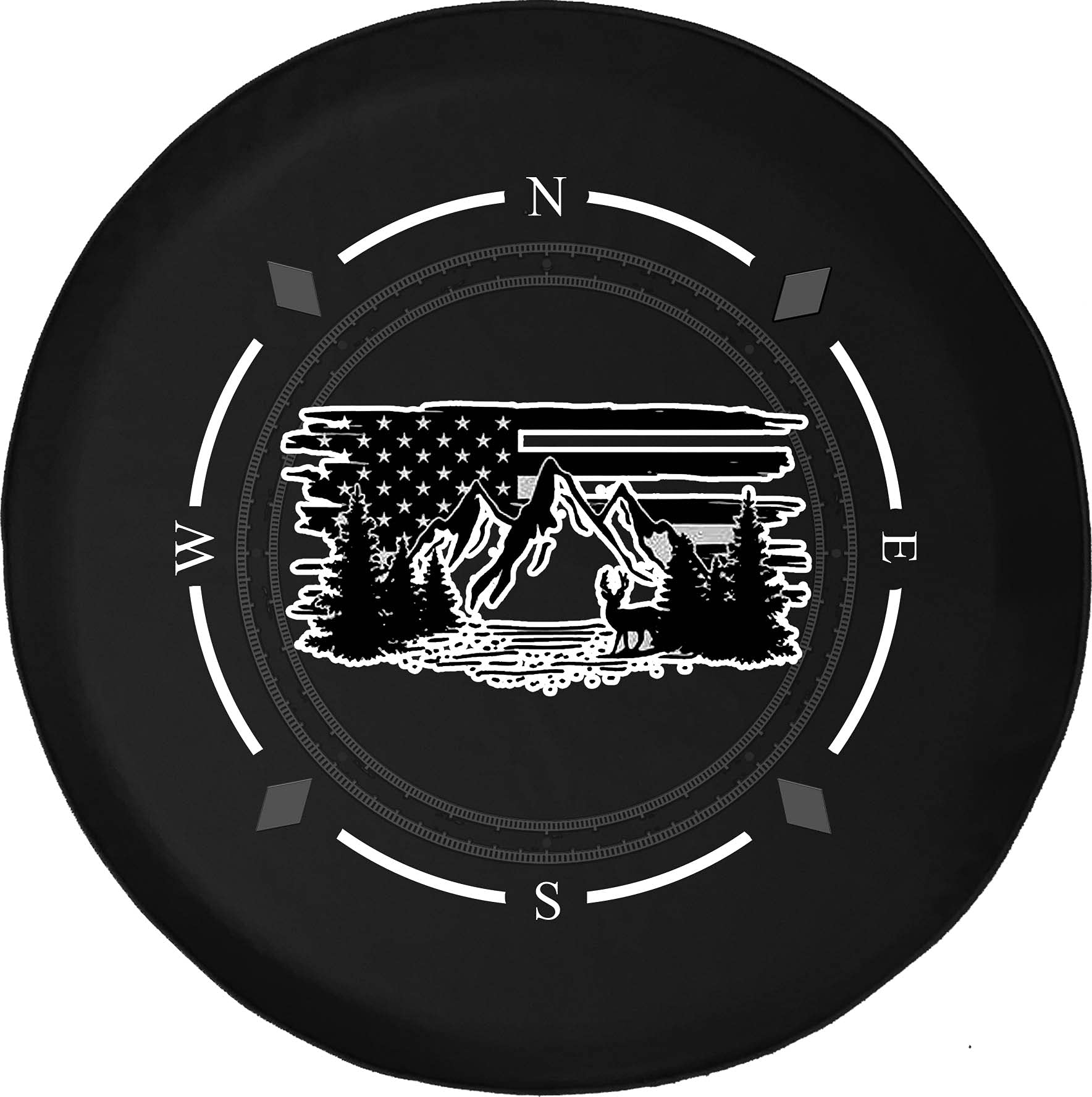 American Flag Spare Tire Cover with Compass, Mountains & Trees Design - Universal Fit for SUV, Trailer, RV & Most Vehicles | Durable Wheel Protection for Off-Road Adventures & Camping Trips