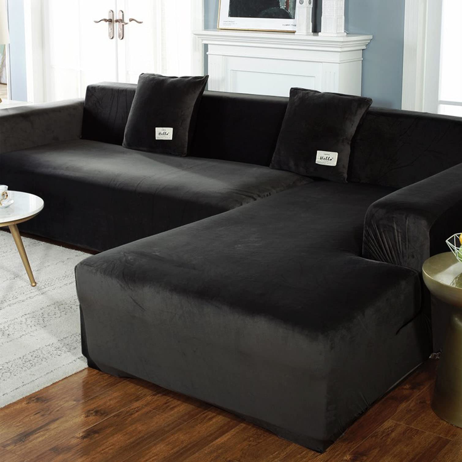 YOPOIY Rich Velvet Sofa Cover - Thick Soft L-Shaped Sectional Couch Slipcover with Non-Slip Elastic Bottom, Modern Furniture Protector (Black, 3+3 Seater) - Perfect for Living Room, Home Theater & Family Gatherings