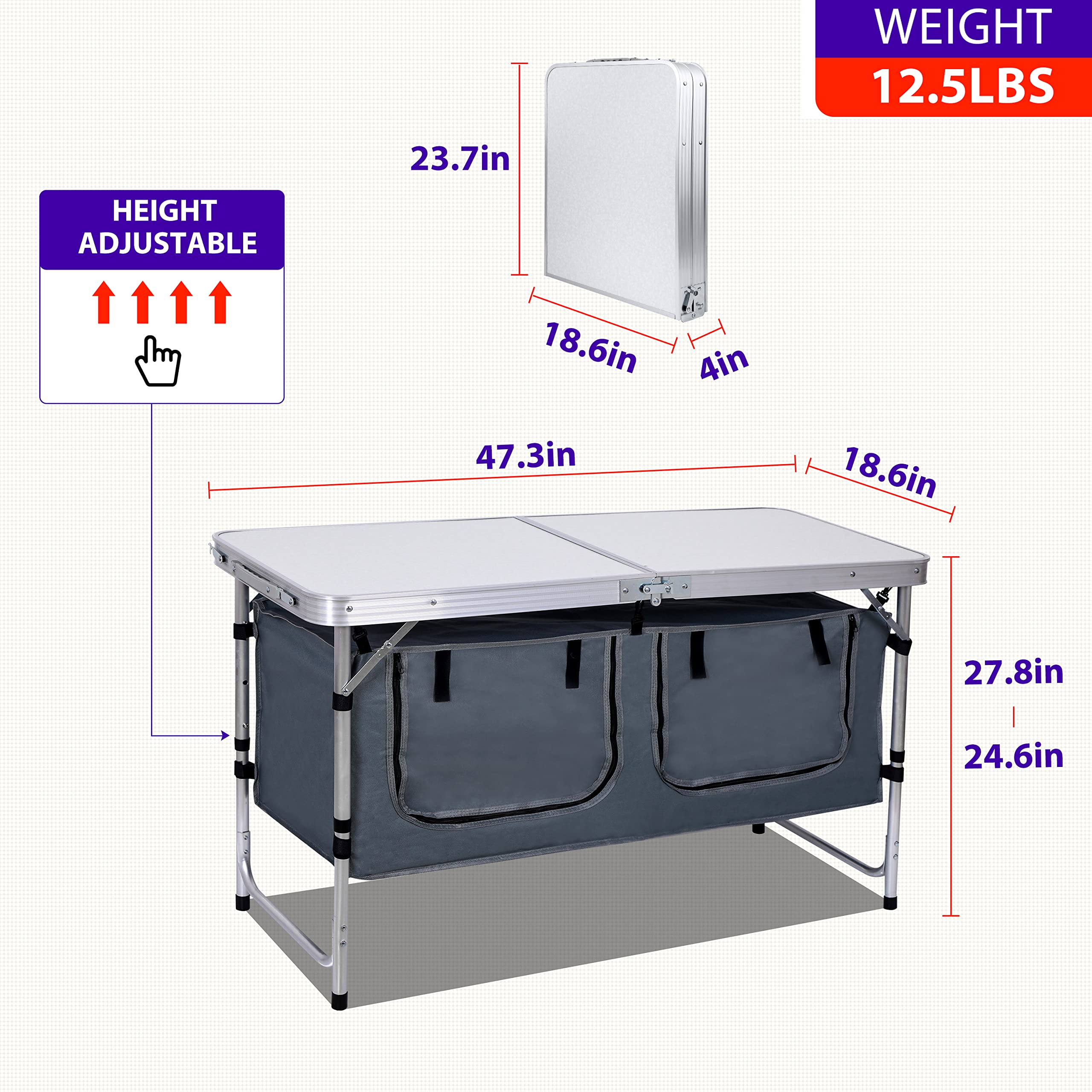 Premium Adjustable Height Folding Camping Table - Lightweight Aluminum Portable Picnic Table with Carry Handle for Outdoor, Beach, BBQ, Cooking | Perfect for Camping, Festivals, Office & Indoor Use