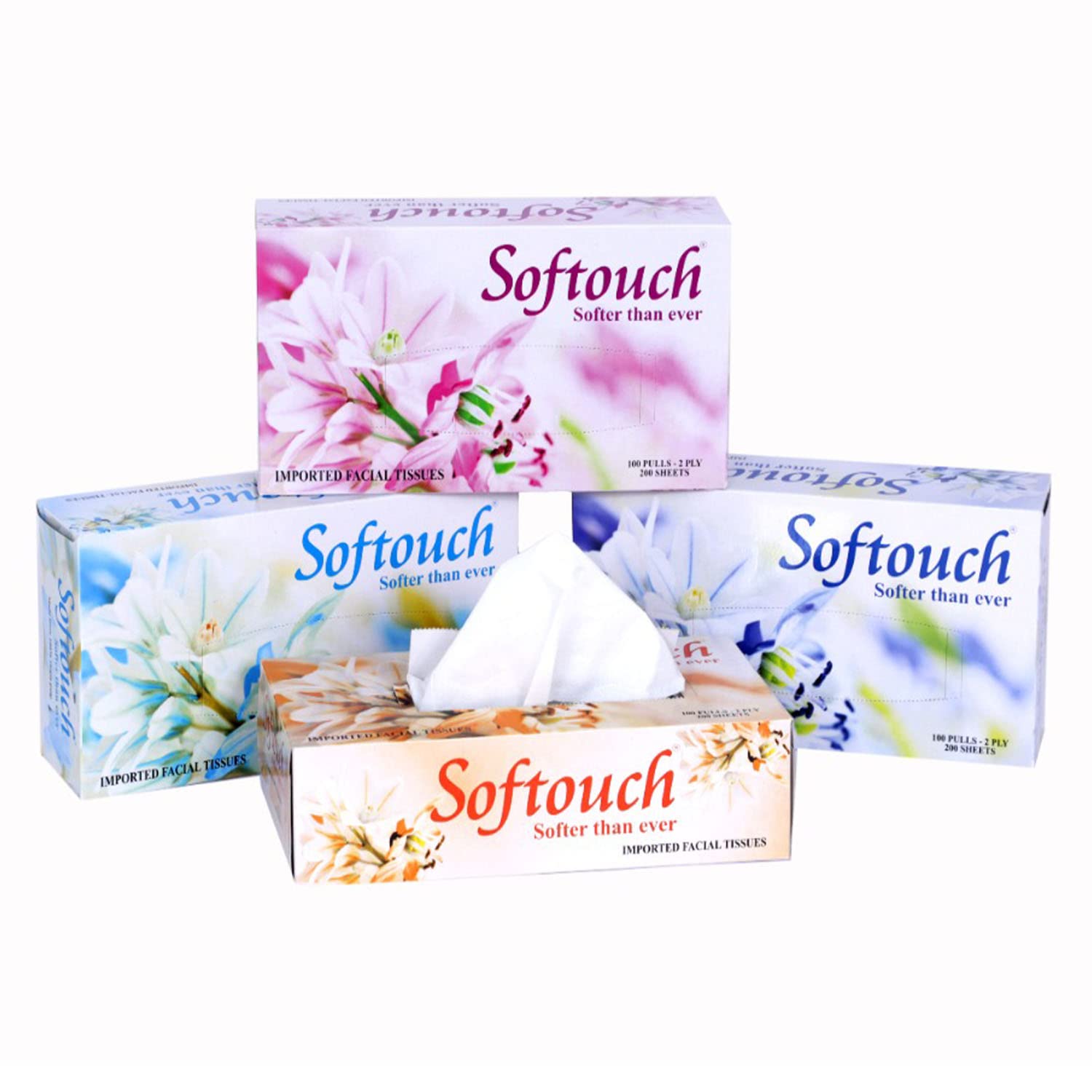 SoftTouch Facial Tissues 200 Sheets per Box (4-Pack) - Ultra Soft & Strong for Home, Office & Travel Use