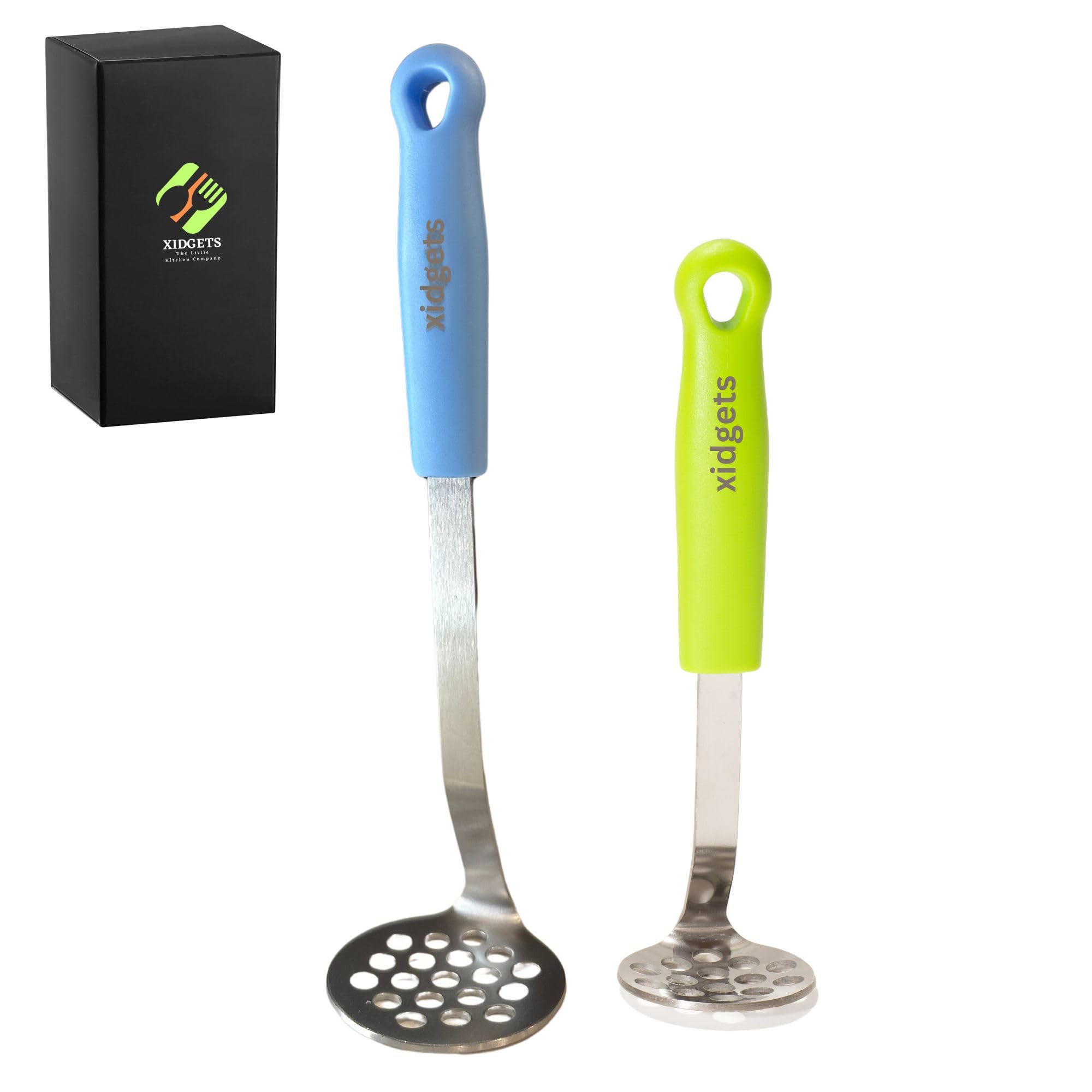 Stainless Steel Mini & Medium Avocado Potato Masher Set - Heavy Duty, Dishwasher Safe Kitchen Utensils for Mashing Avocados, Potatoes, Baby Food - Compact & Durable Kitchen Essentials (Sky Blue/Zippy Green)