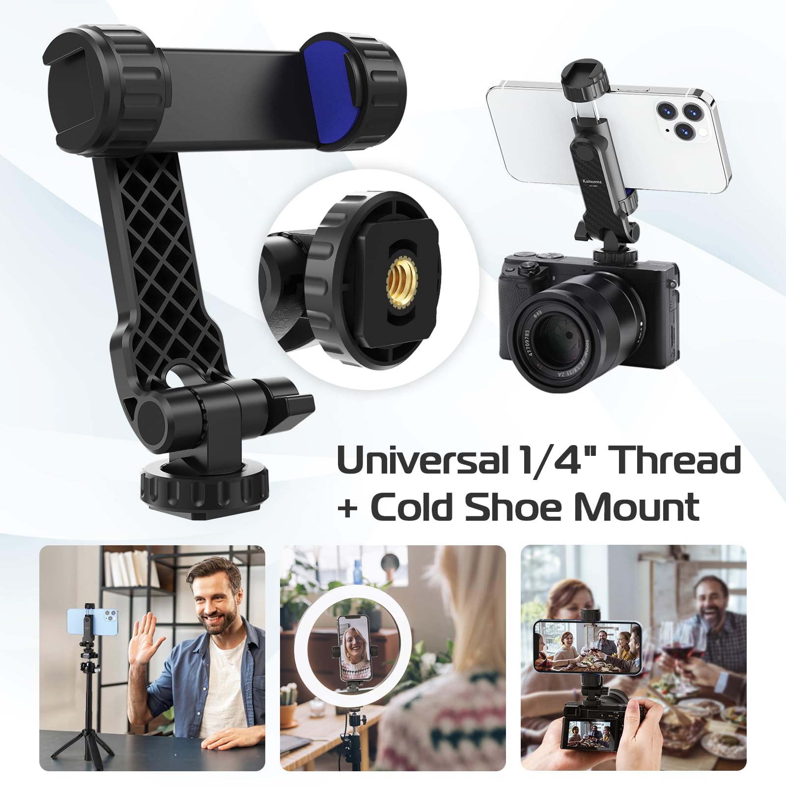 Universal Phone Tripod Mount with 2 Cold Shoes - 360° Rotating & 180° Tilting Smartphone Holder for iPhone, Samsung & All Phones - Perfect for Vlogging, Live Streaming & Photography
