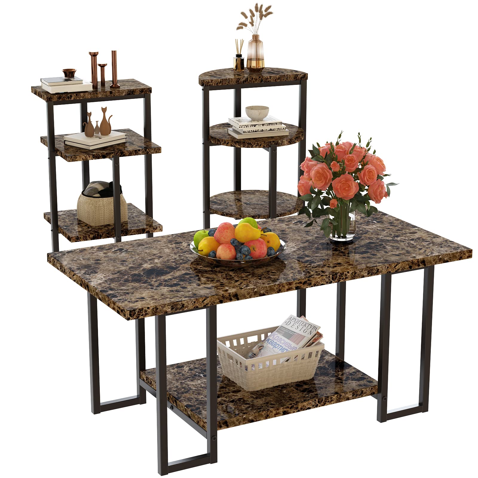 Modern Faux Marble Coffee Table Set with Metal Legs - 3-Piece Living Room Center Table Includes 2-Tier Coffee Table & 2 End Tables - Perfect for Small Spaces, Apartments, and Contemporary Home Decor