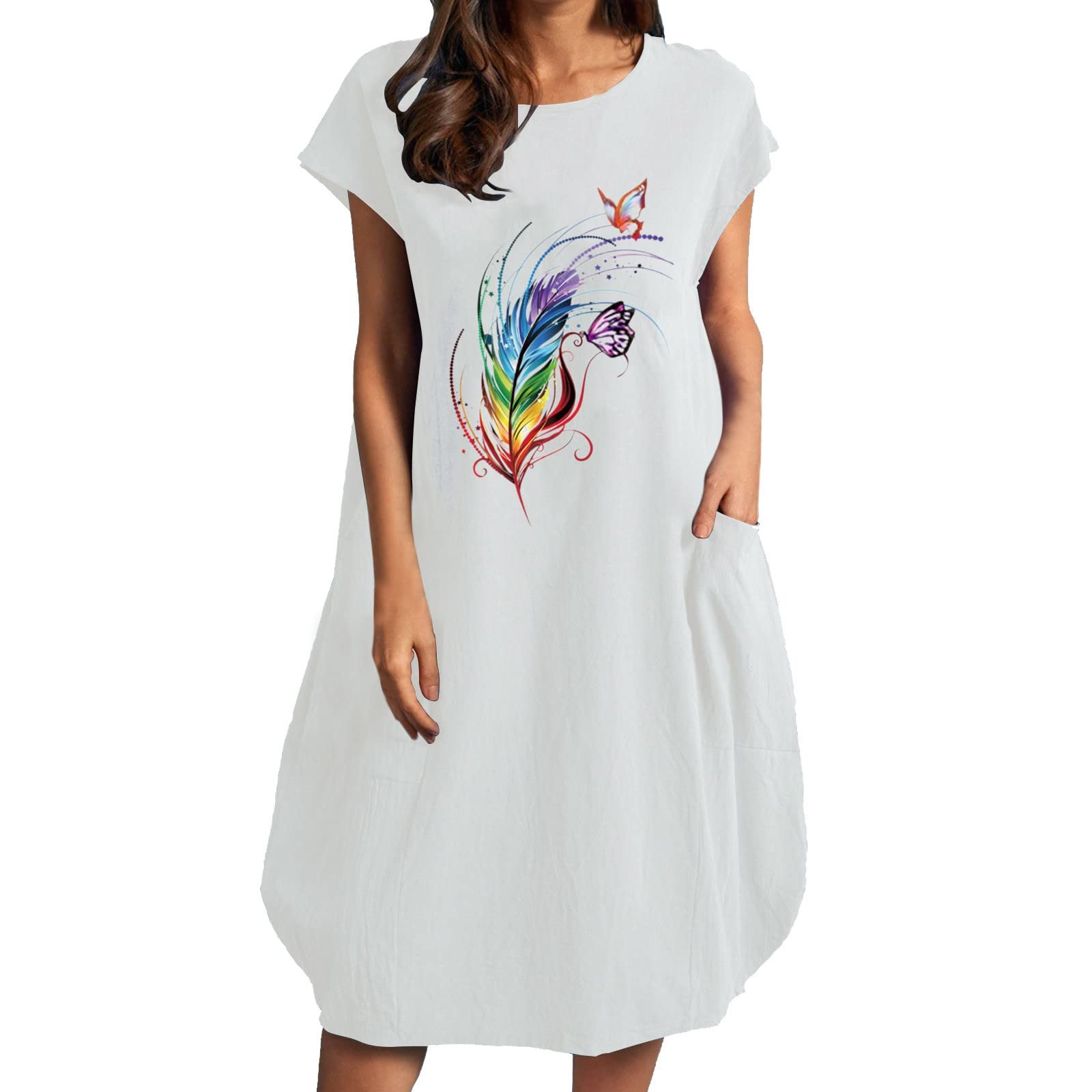 Plus Size Summer Dresses for Women - Colorful Feather Print Loose Short Sleeve Casual Dress | Beach Vacation, Party & Everyday Wear