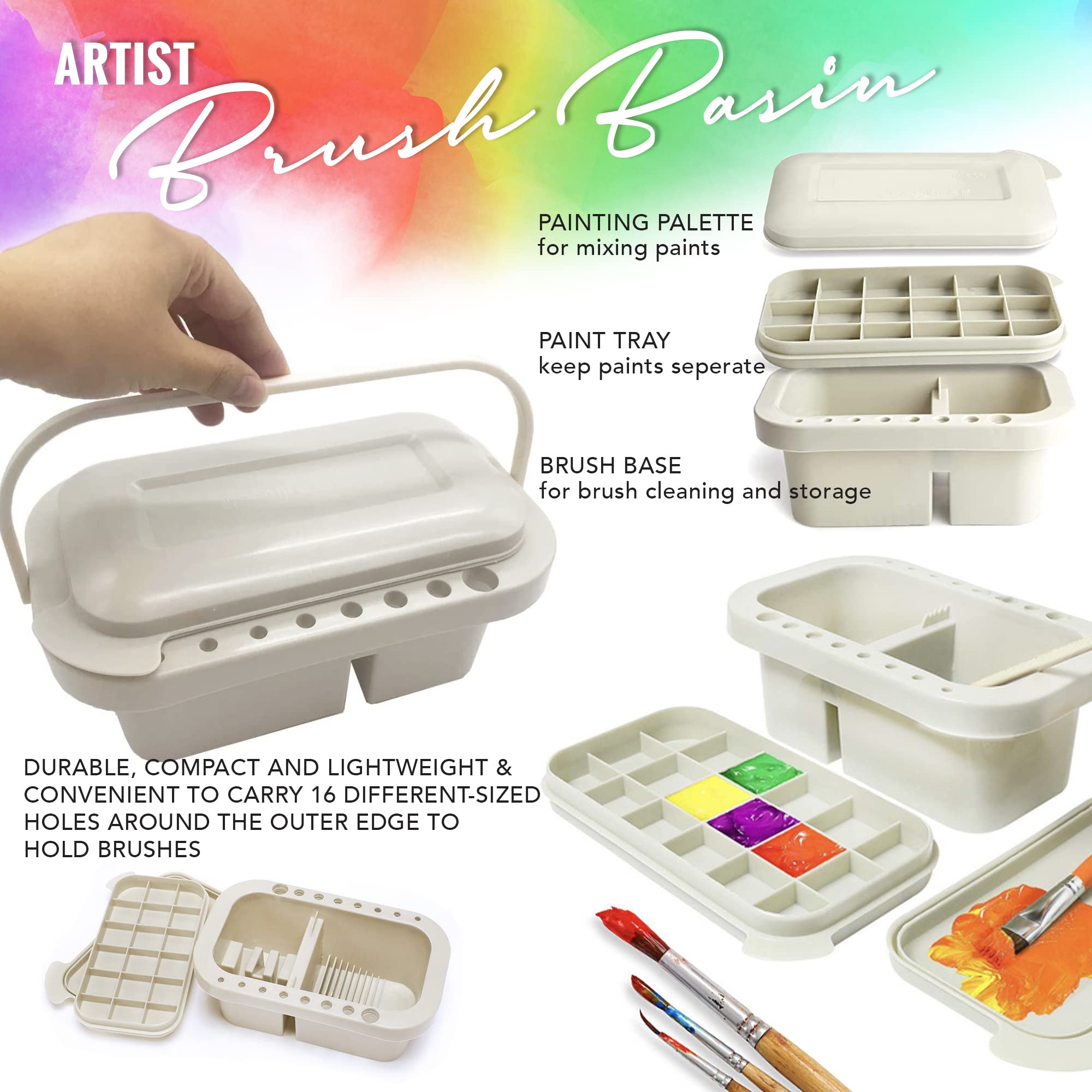 Pixiss Paint Brush Cleaner Basin - Professional Brush Rinser & Holder for Acrylic Painting with 4oz Cleaning Solution & 10 Brushes - Perfect for Artists, Hobbyists & DIY Projects