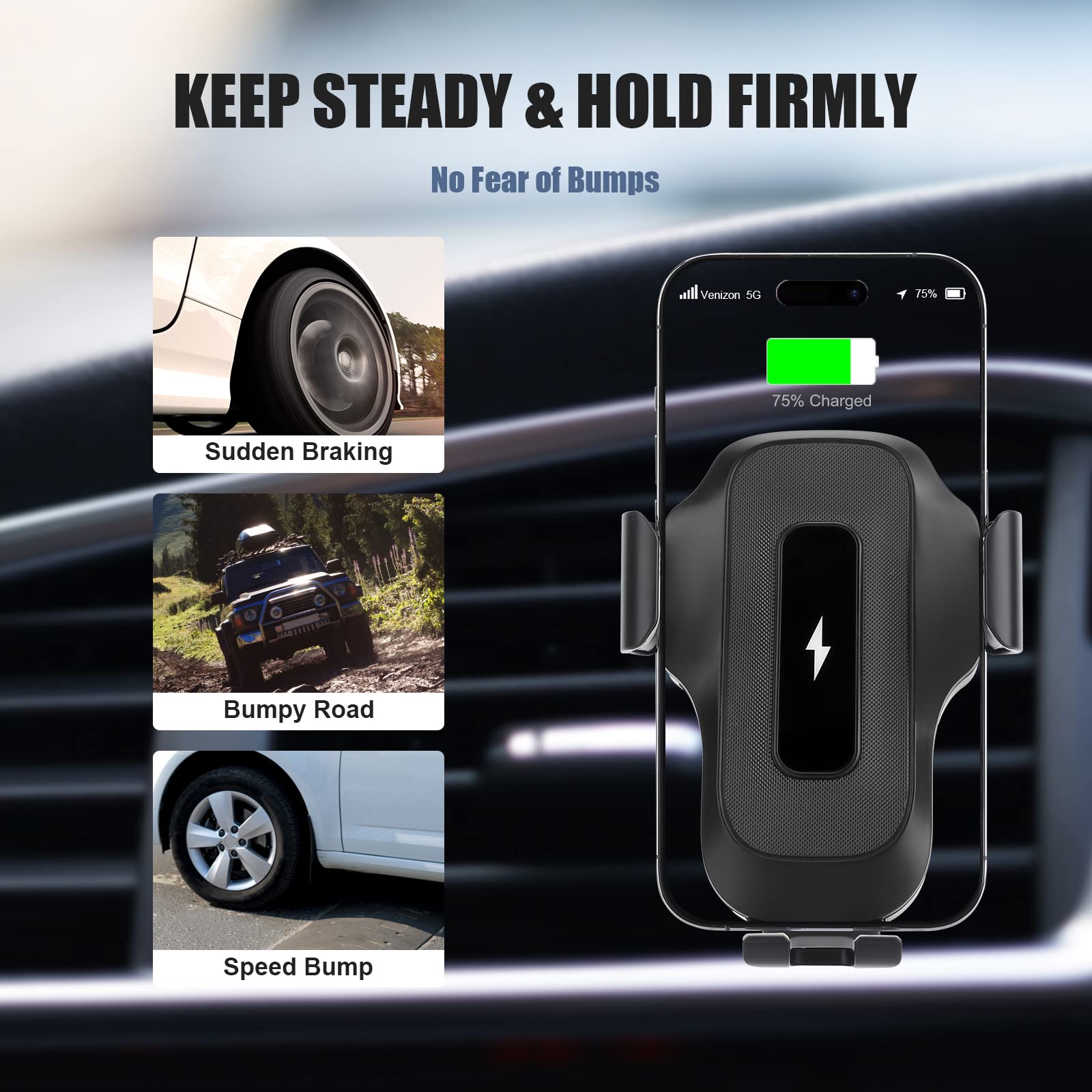 AMLINK 15W Qi Fast Wireless Car Charger - Auto Clamping Phone Holder for iPhone 14/13/12/11 Pro Max & Samsung Galaxy S23/S22/S21/S10/Note 20 - Secure Air Vent Mount - Perfect for Commuting, Road Trips & Hands-Free Driving