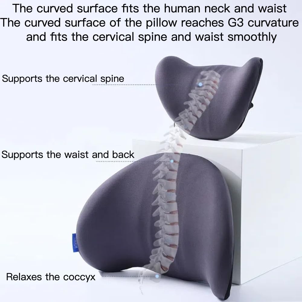 Memory Foam Car Neck & Lumbar Support Pillow Set - Ergonomic Back Pain Relief Cushion for Driving Comfort - Perfect for Long Road Trips, Commuting, and Office Chairs