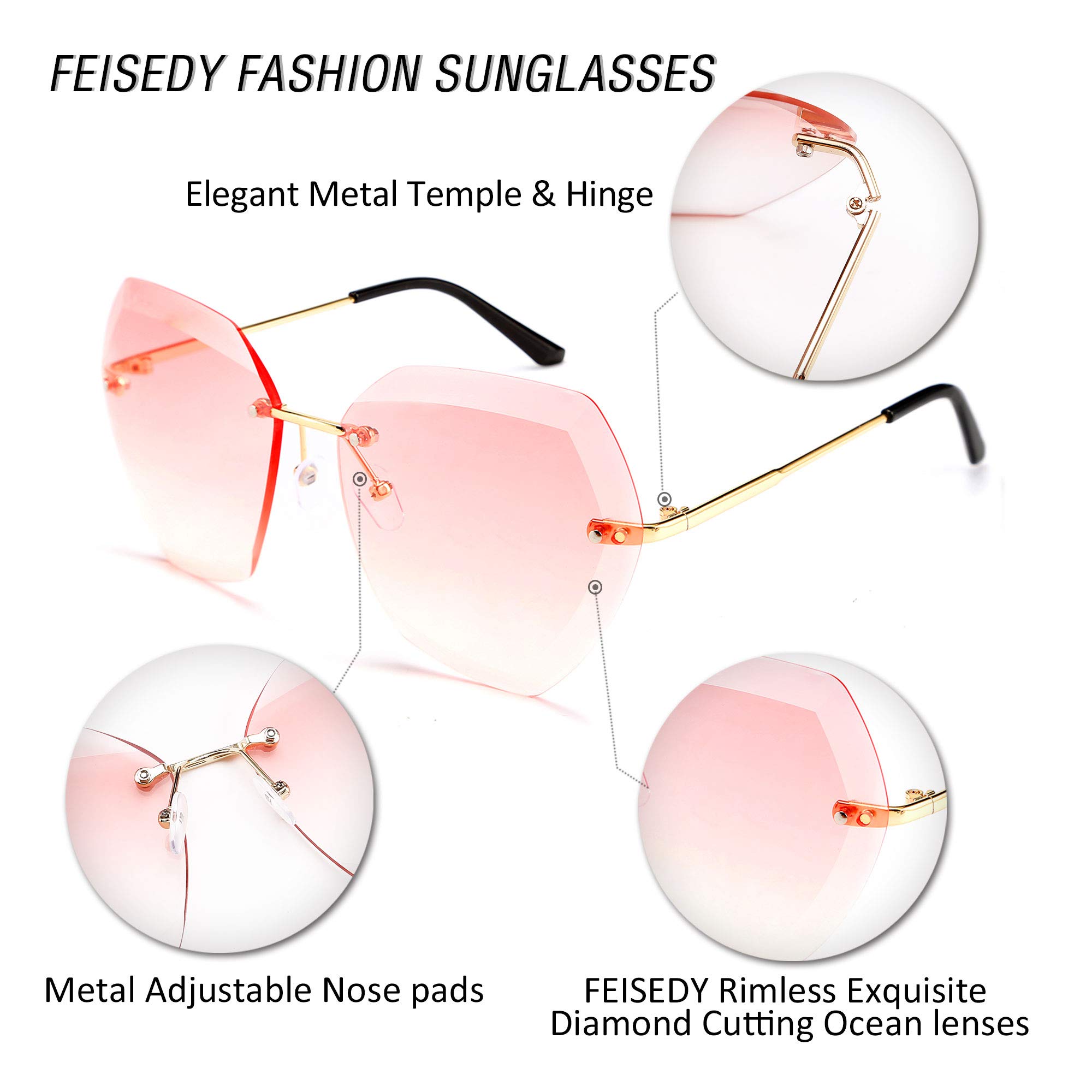 FEISEDY Women's Oversized Rimless Sunglasses with Diamond-Cut Lenses - UV Protection Fashion Shades for Driving, Beach & Outdoor Activities B2569