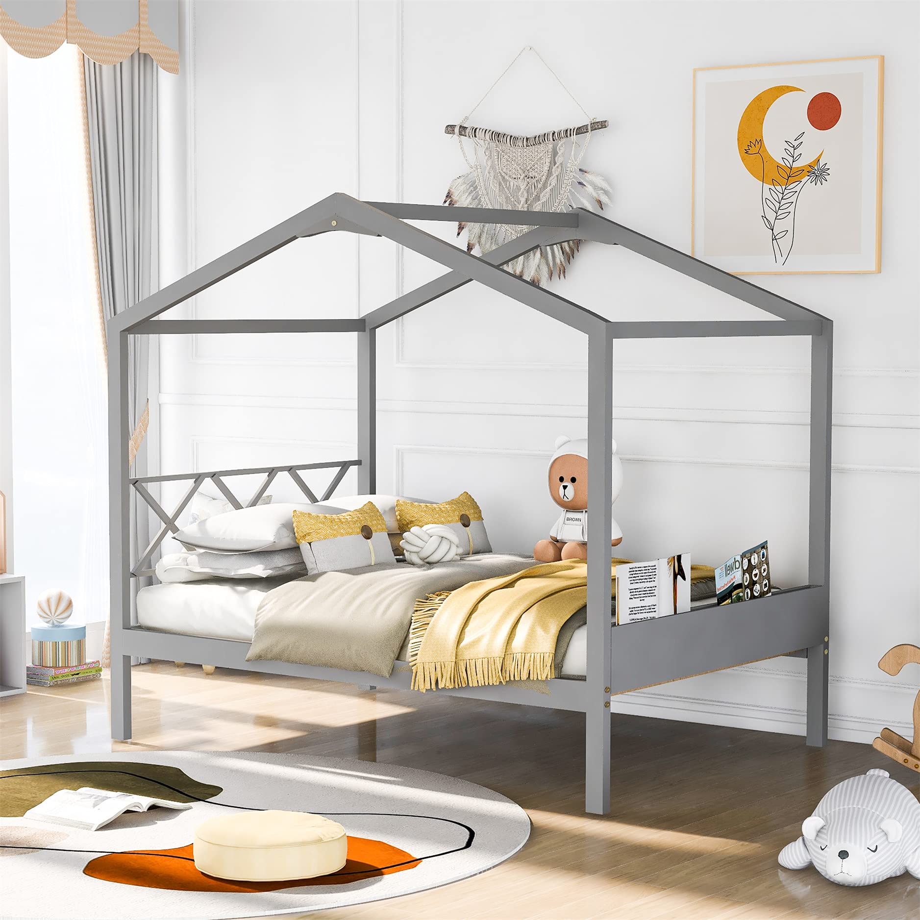 Full Size Wooden House Bed for Kids - Sturdy Toddler Bed Frame with Roof for Boys & Girls, No Box Spring Needed (Full, Gray) - Perfect for Bedrooms, Playrooms & Cozy Sleepovers