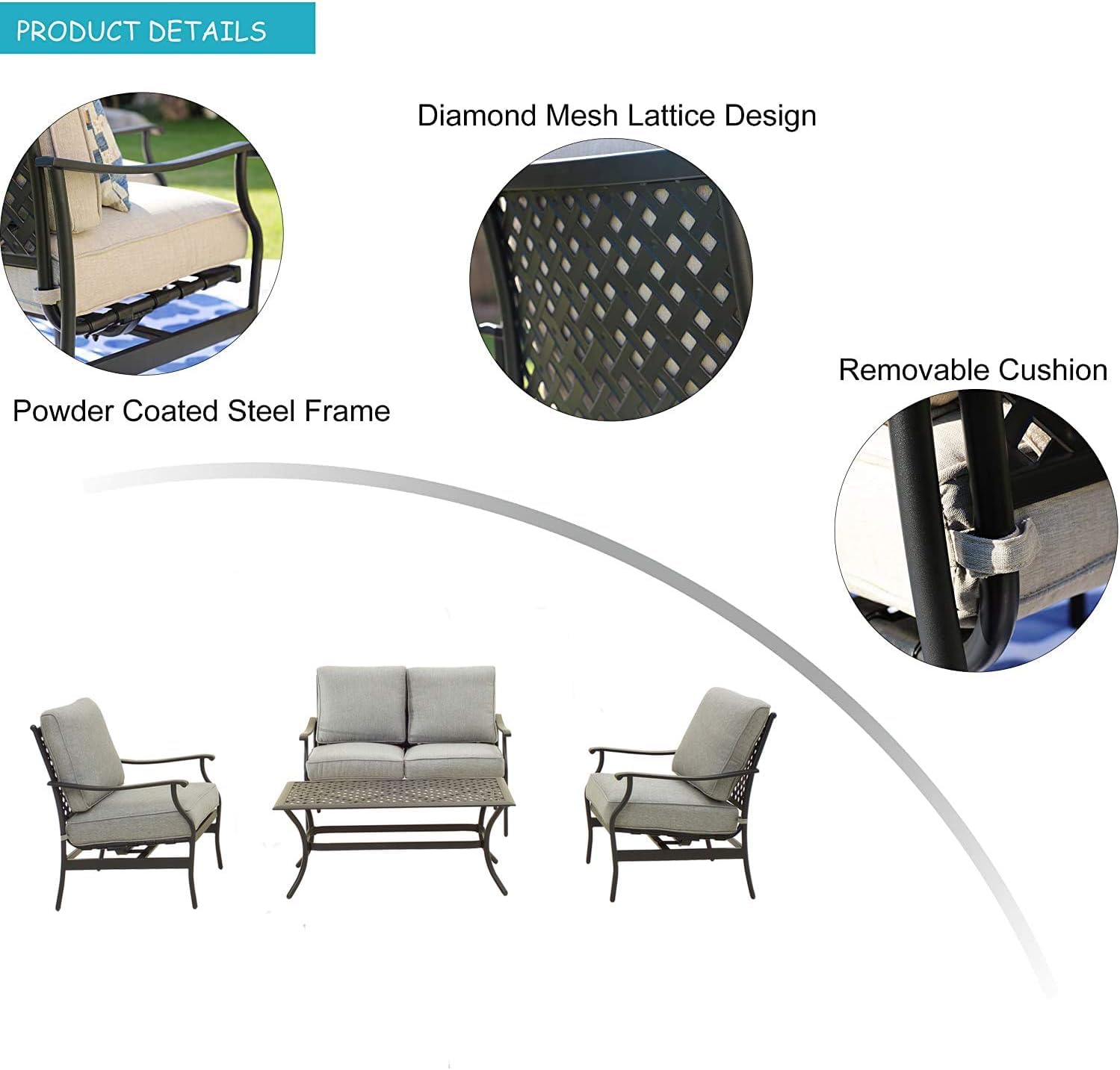 LOKATSE HOME 4-Piece Outdoor Loveseat Set with Cushions & Coffee Table - Patio Conversation Furniture, Metal Armchair for Garden, Backyard, Poolside (Grey)