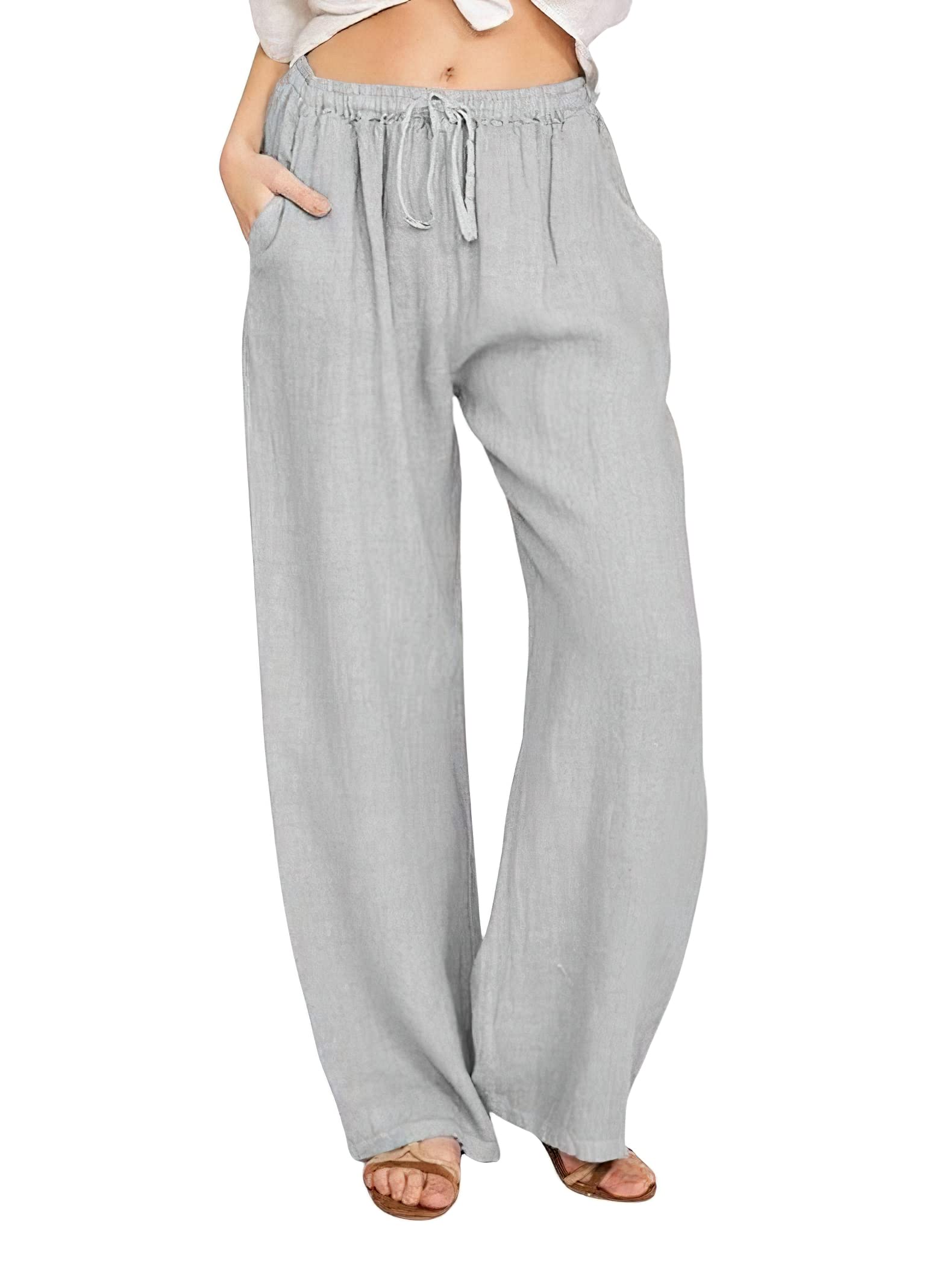 CHARTOU Women's Summer Wide Leg Palazzo Pants - Breathable Cotton Linen Blend with Adjustable Drawstring Waist for Casual Wear, Beach, Vacation & Lounge