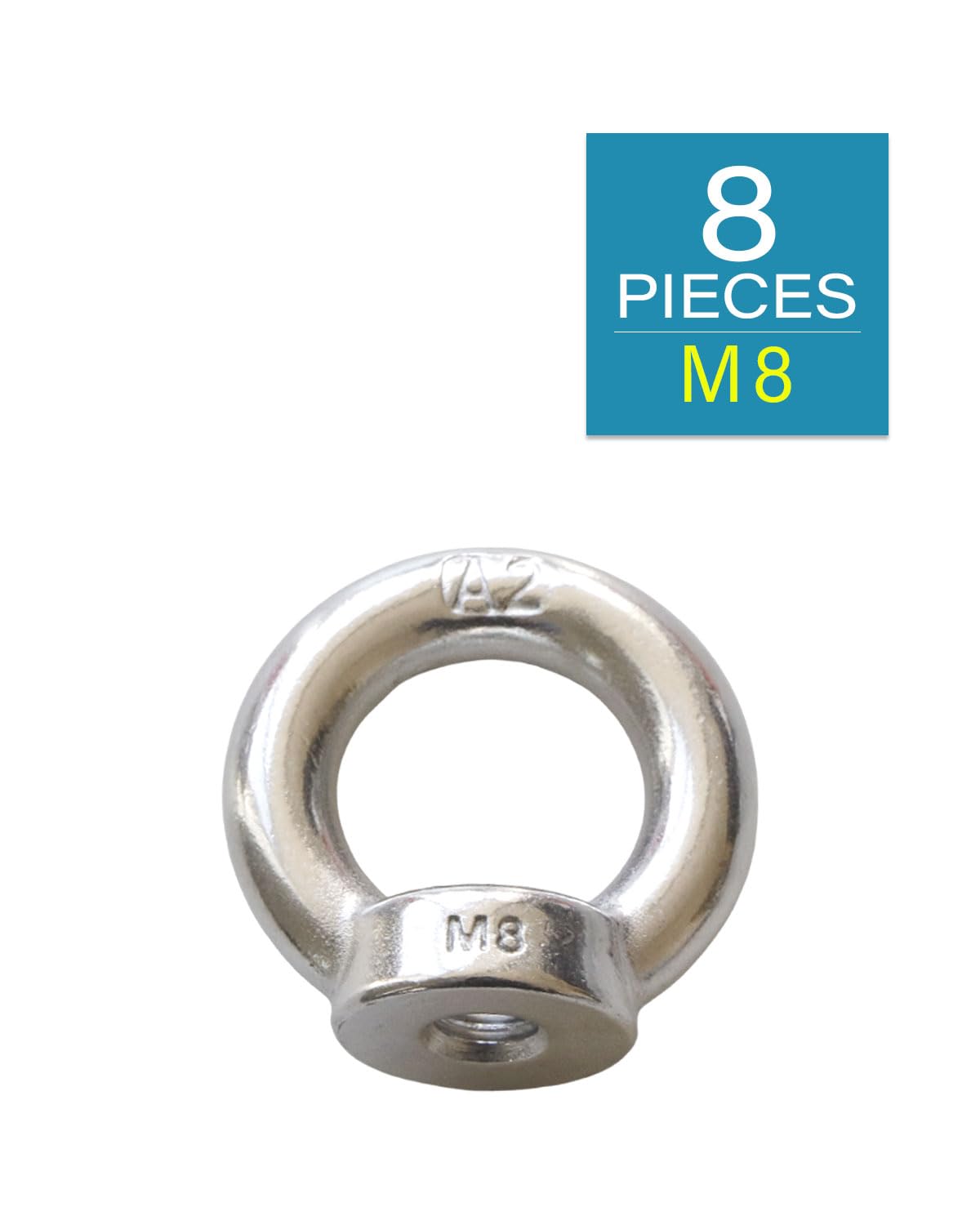 304 Stainless Steel M8 Eye Nuts - Heavy Duty Hardware for Home Repairs, Construction & Marine Applications - Pack of 8 - Corrosion Resistant Lifting Hooks for DIY Projects, Industrial Use and Outdoor Equipment