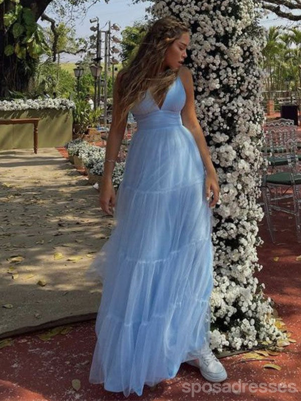 Elegant Blue A-Line V-Neck Long Party Prom Dress for Women - Formal Evening Gown 13793 | Perfect for Homecoming, Wedding Guest, and Special Occasions