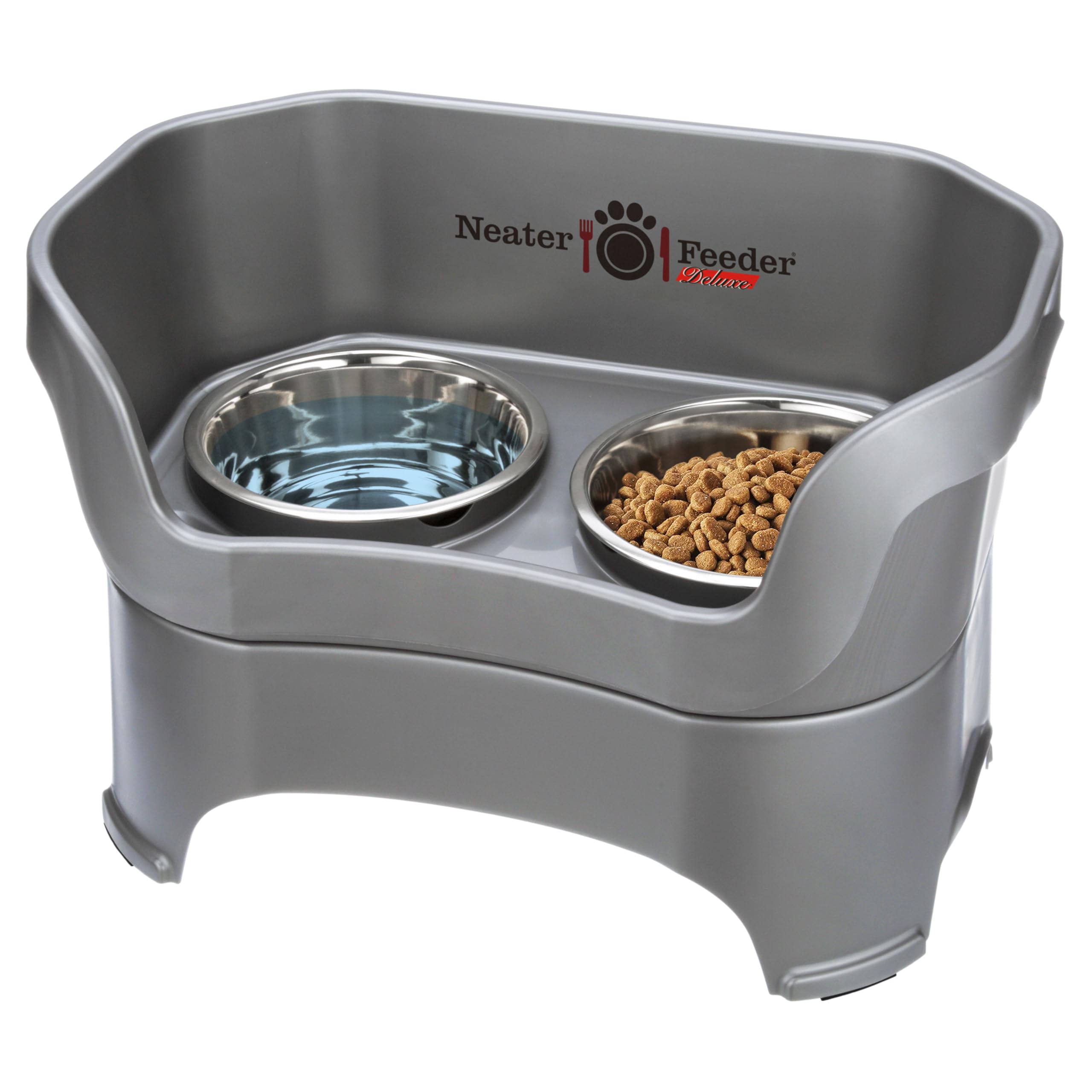 Neater Feeder Deluxe No Spill Elevated Dog Bowls for Large Breeds – Stainless Steel Pet Food & Water Bowl Set with Anti-Slip Stand – Made in USA – Grey – Perfect for Messy Eaters & Indoor/Outdoor Feeding Stations