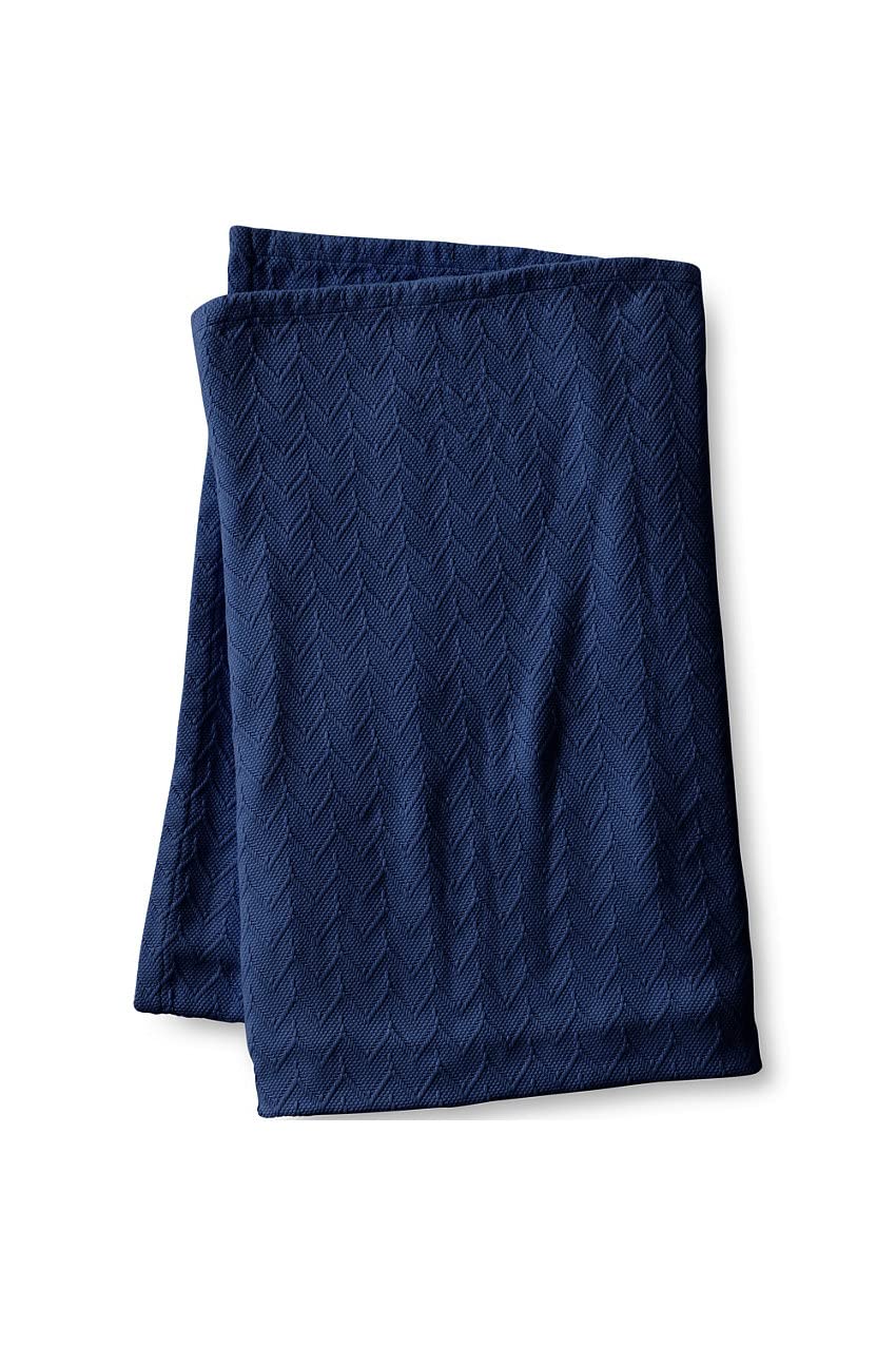 Lands' End Chevron Cotton Solid Blanket - King Size Deep Sea Navy Blue - Soft & Cozy Bed Blanket for Winter, Guest Room, or Couch