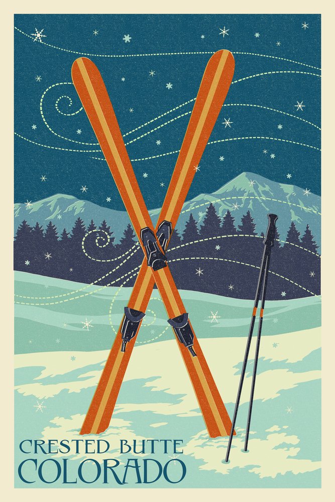 Signed Crested Butte Colorado Crossed Skis Letterpress Art Print - 24x36 Wall Decor Poster for Ski Lodge, Cabin & Mountain Home Decor