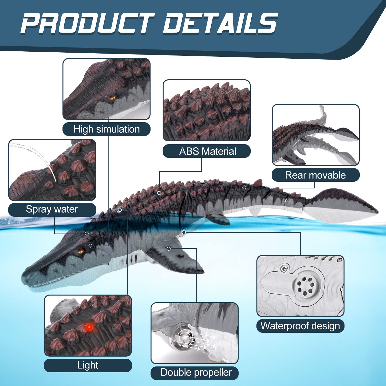 2023 Remote Control Mosasaur Dinosaur Toy - RC Swimming Shark Toy for Kids Ages 3+, Waterproof Pool & Bath Toy, Perfect Christmas Birthday Gift for Boys & Girls - Fun Outdoor Water Play & Educational STEM Toy