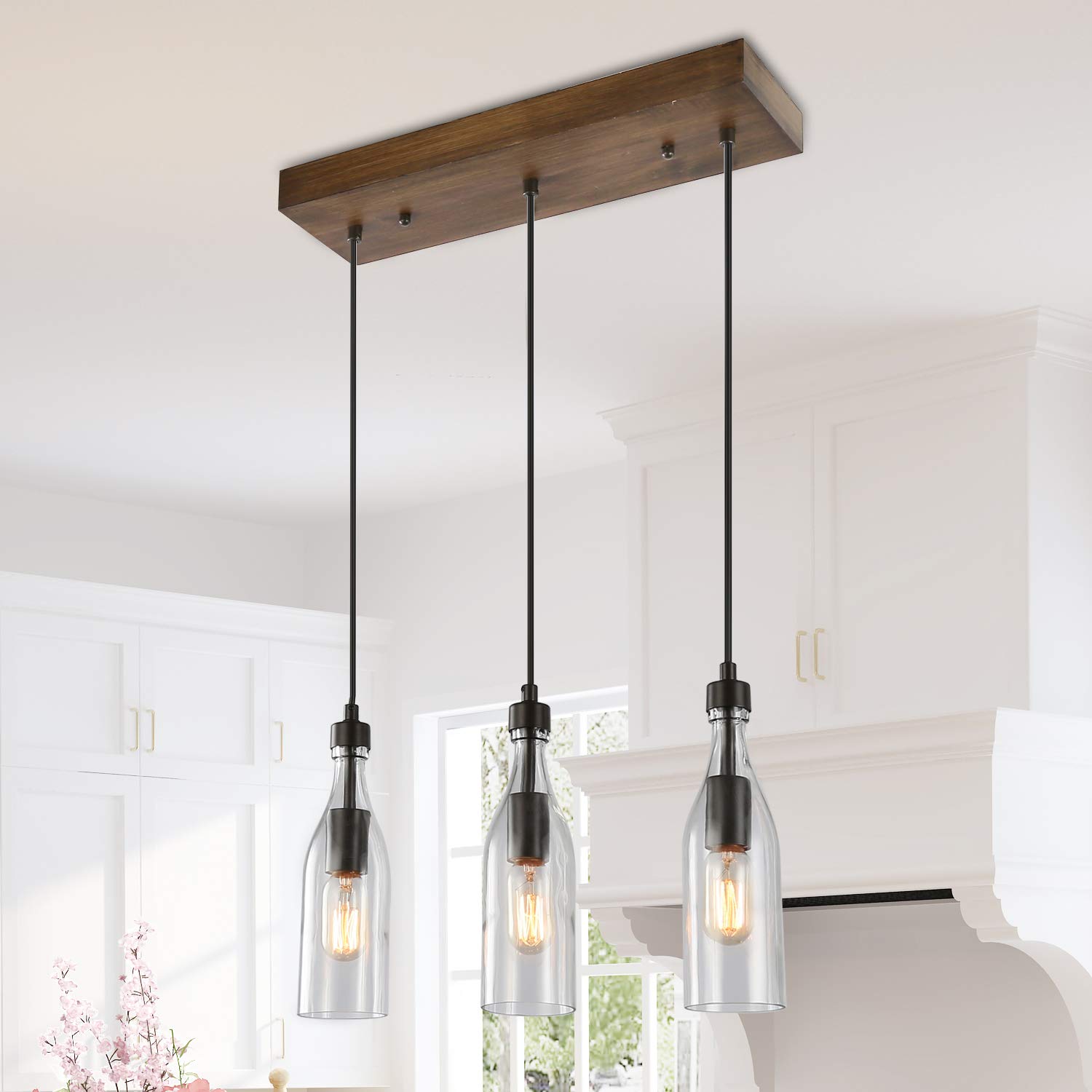 LNC Wooden Pendant Lights - 3-Height Adjustable Bottle Glass Chandelier with Clear Glass Shade | Vintage Industrial Lighting for Kitchen Island, Dining Room, Bar, and Cafe Decor