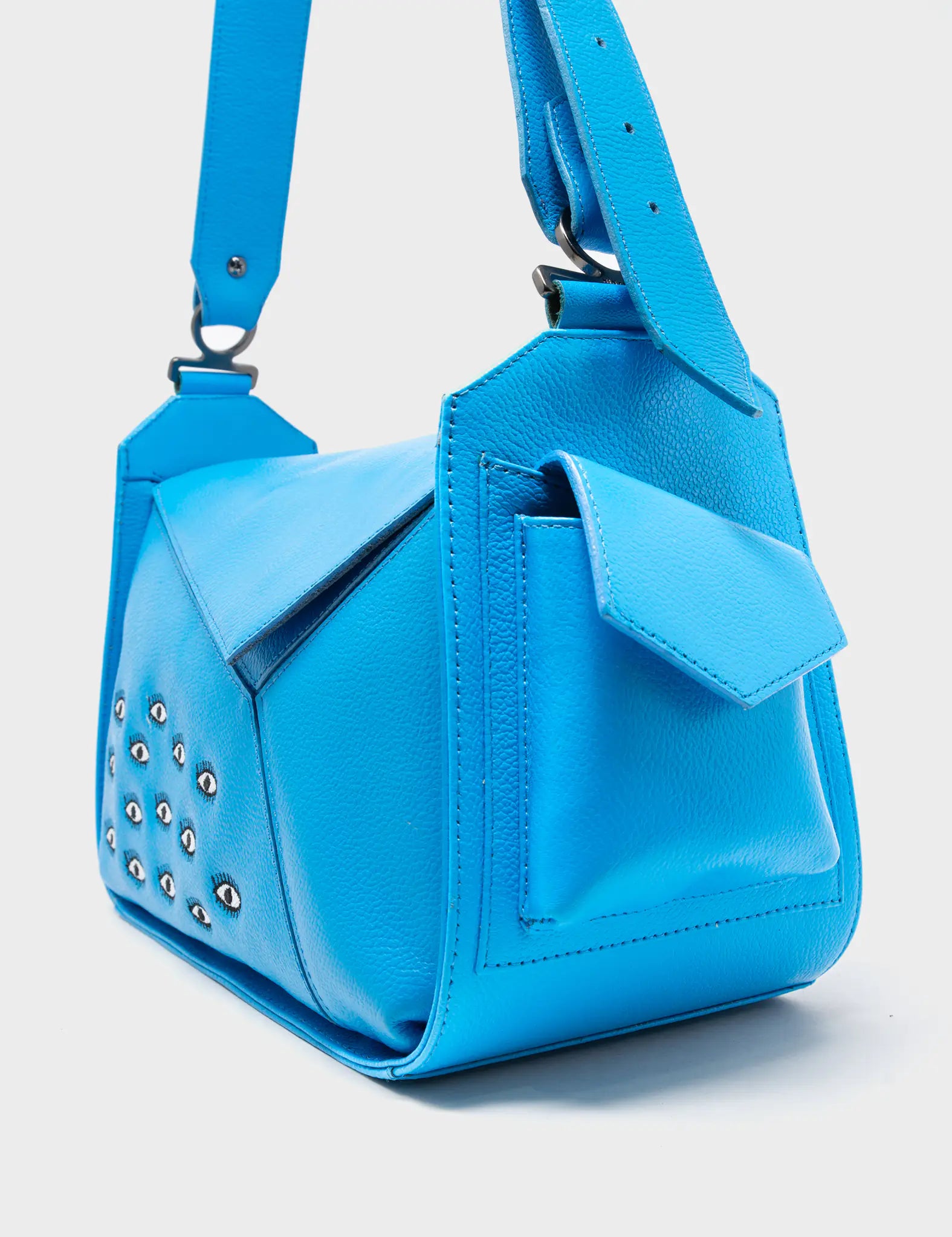 Houston Blue Leather Shoulder Bag with Eye Embroidery - Stylish Crossbody Purse for Women, Perfect for Work, Travel & Everyday Use