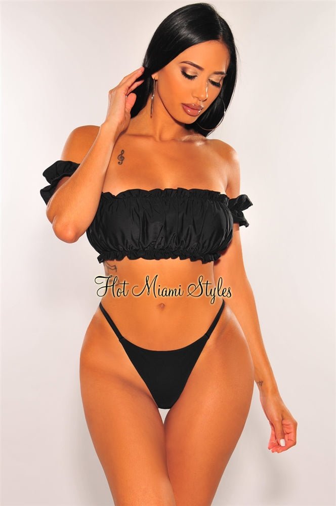 Sexy Black Off Shoulder Ruffle Scrunch Butt Bikini Set - High Waisted Swimwear for Women, Summer Beach Vacation & Pool Party Essentials