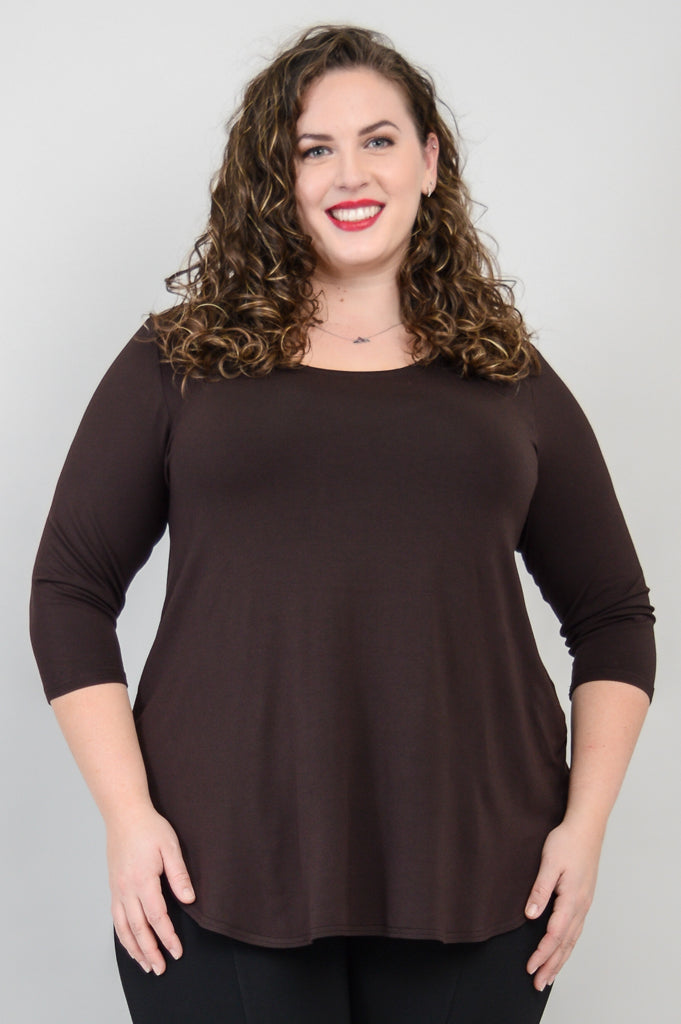 Jazz 3/4 Sleeve Top for Women - Soft Bamboo Fabric Coffee Brown Casual Shirt - Perfect for Concerts, Coffee Dates & Everyday Wear