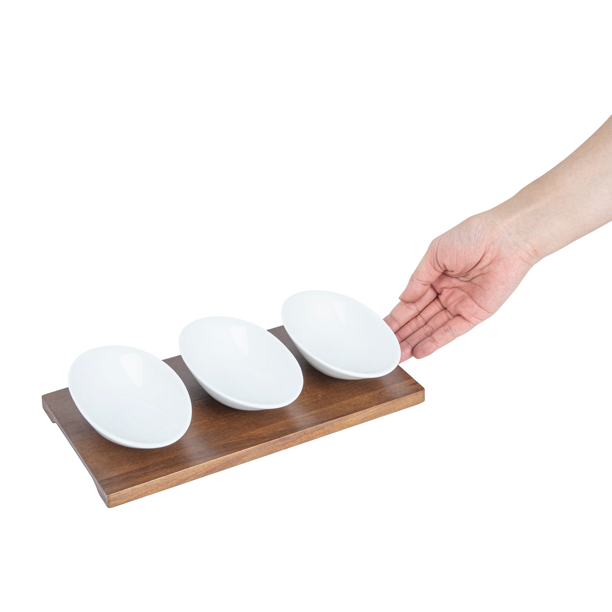 Premium 9 oz White Porcelain Rectangular Ellipse Bowls Set of 3 with Bamboo Tray - 10.25