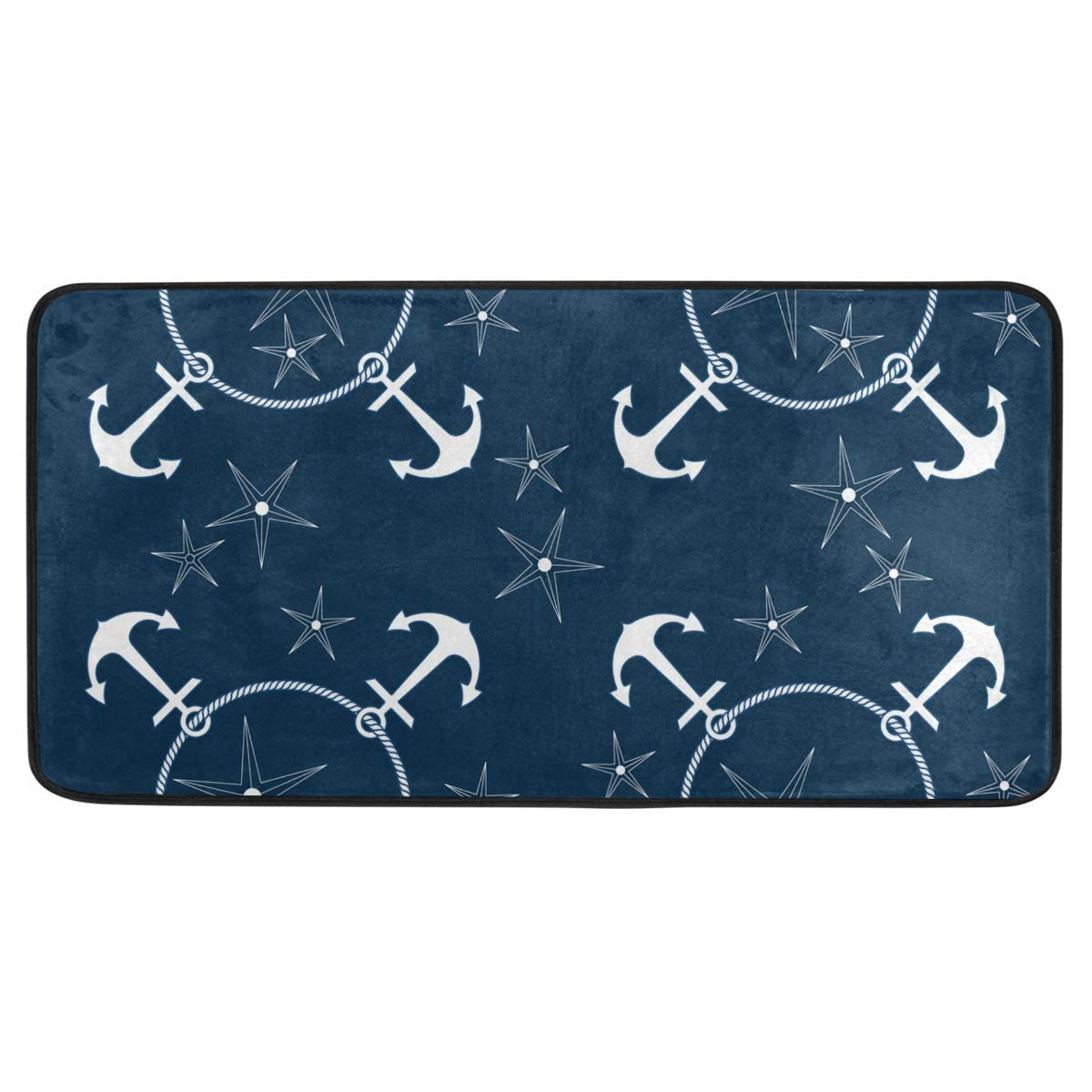 Non-Slip Retro Nautical Anchor Kitchen Rugs - Soft Anti-Skid Bath Mat & Runner - Navy Blue Home Decor Carpet 39x20 Inches - Perfect for Kitchen, Bathroom, Entryway & Laundry Room