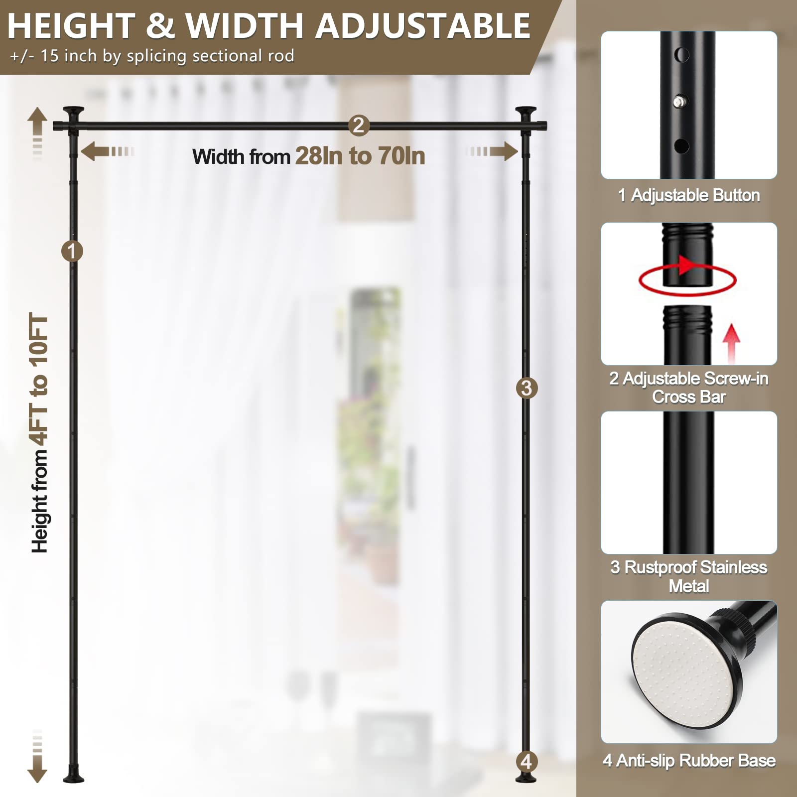 **No Drill Room Divider - Adjustable 4-10ft Height & 28-70in Width Heavy Duty Tension Curtain Rod for Space Partition | Floor to Ceiling Privacy Separator | Perfect for Studios, Dorms, Offices & Temporary Dividers (Black)**