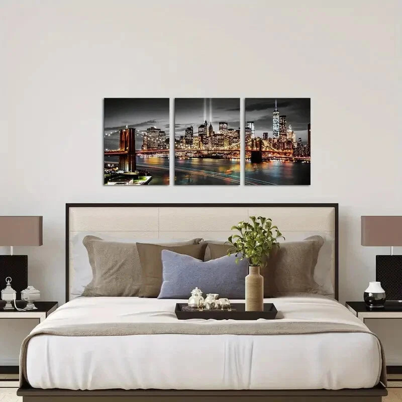 3-Piece Black and White Modern Night View Metal Wall Art - Ready to Hang Home Decor for Living Room, Bedroom & Office