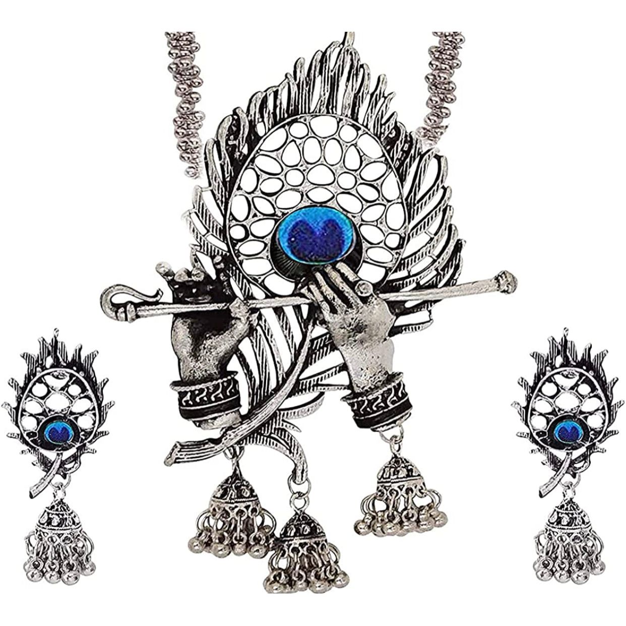 Oxidized Sterling Silver Krishna Flute Pendant Necklace Set for Women | Spiritual Jewelry Gift for Devotees | Perfect for Festivals, Weddings & Meditation