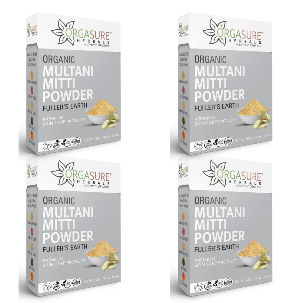 ORGASURE Natural Multani Mitti Powder (Fuller's Earth) 200g x 4 Pack - Clay Mask for Glowing Skin, Acne Treatment & Oil Control | Face & Body Care for Women & Men | DIY Spa & Beauty Routine