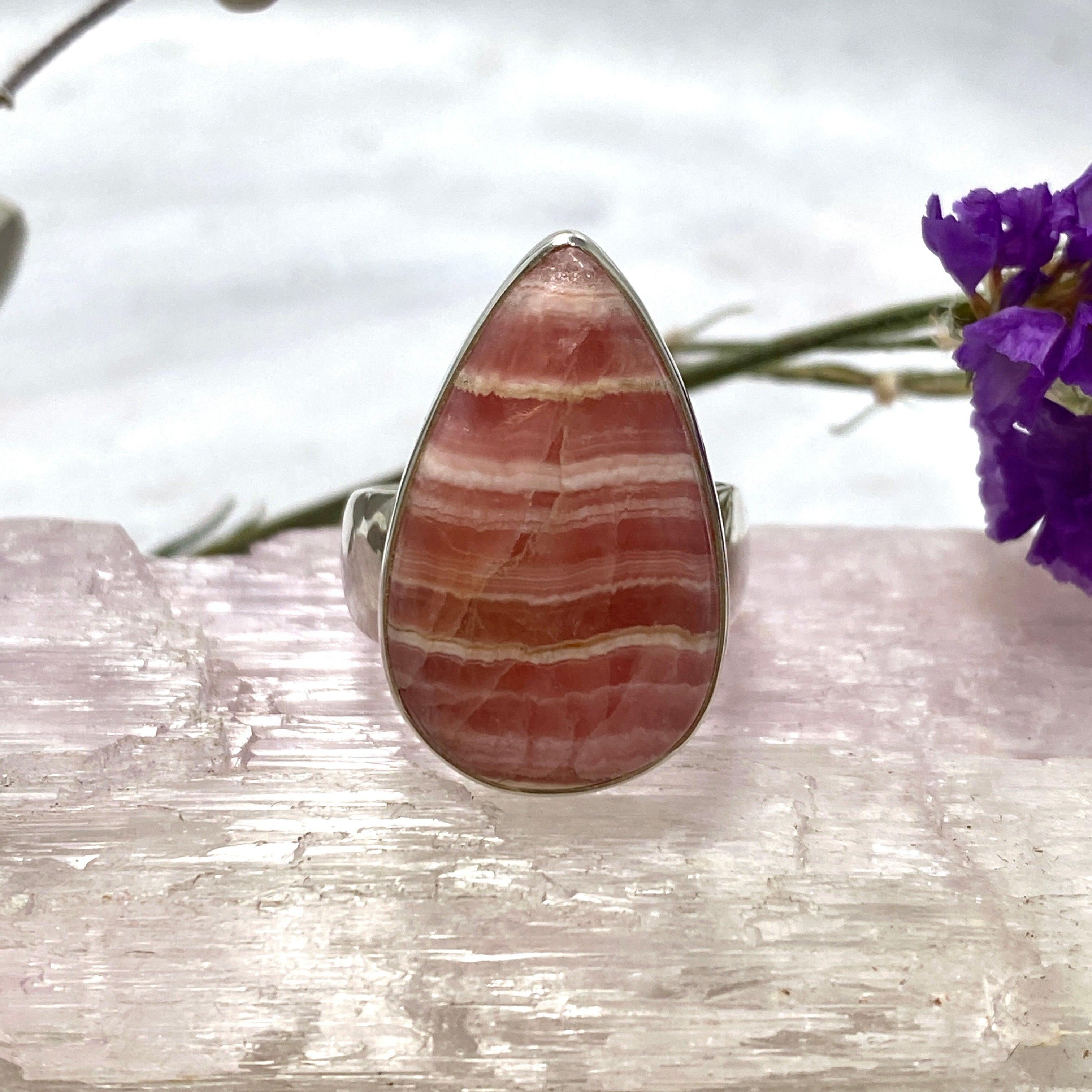 Rhodochrosite Teardrop Ring Size 8 - Handmade Sterling Silver Jewelry for Women, Elegant Gemstone Ring for Gift, Party & Everyday Wear