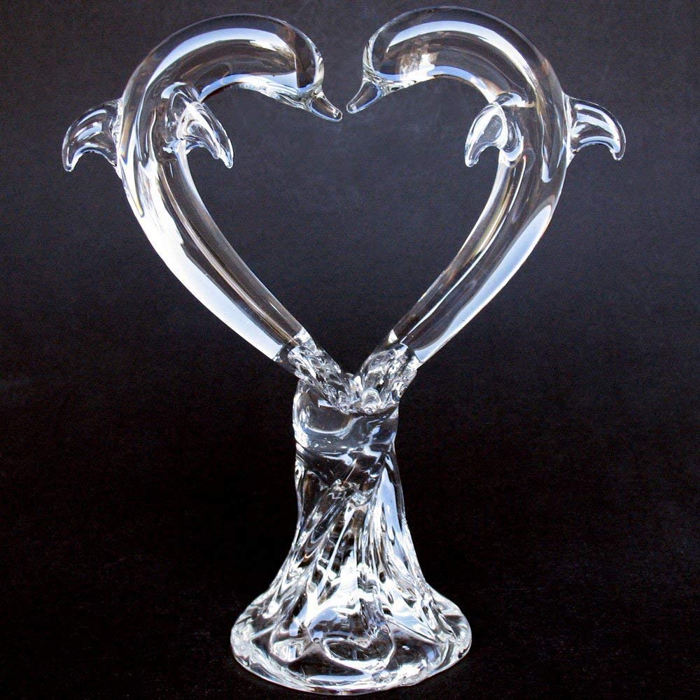 Handmade Blown Glass Dolphin Crystal Heart Wedding Cake Topper - Elegant Decoration for Beach Weddings, Anniversary Cakes & Romantic Celebrations