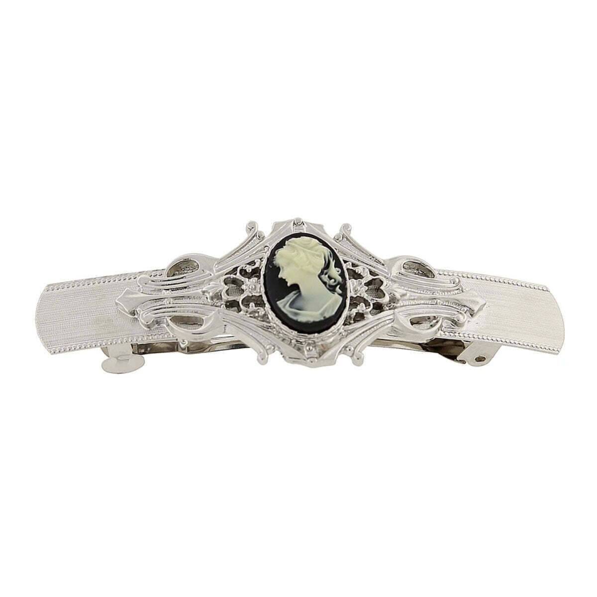 1928 Vintage Black and Ivory Cameo Oval Bar Hair Clip - Elegant Hair Accessory for Weddings, Parties & Everyday Wear