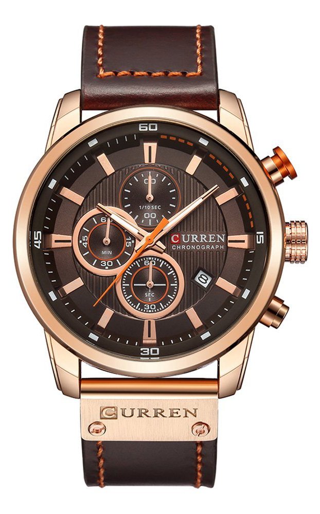 Men's Chronograph Sport Watch - Brown Leather Strap Quartz Analog Watch for Business Casual & Everyday Wear - Waterproof Wristwatch for Office, Dating & Outdoor Activities