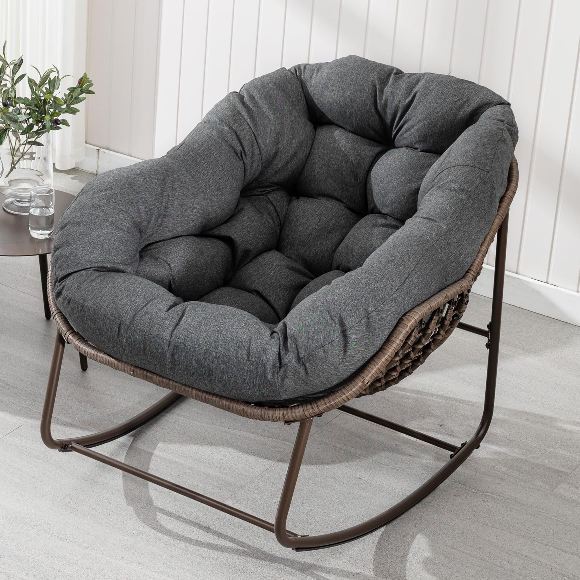 Outdoor Papasan Rocking Chair - Oversized Comfortable Patio Swing Chair with Cushion, Egg-Shaped Rattan Rocker for Porch, Lawn, Bedroom & Living Room - Perfect for Relaxing, Reading & Lounging (Grey)