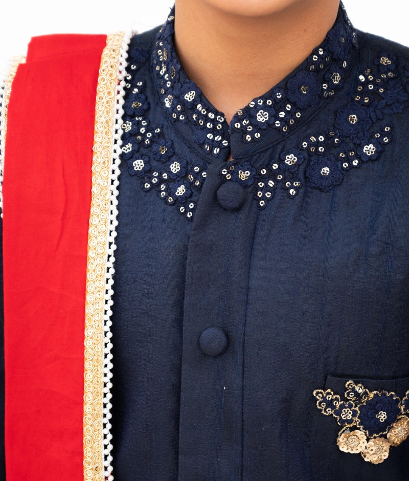 Blue Silk Sherwani with Matching Pant & Red Stole - Premium Indian Wedding Attire for Groom & Groomsmen - Perfect for Weddings, Festivals & Special Occasions