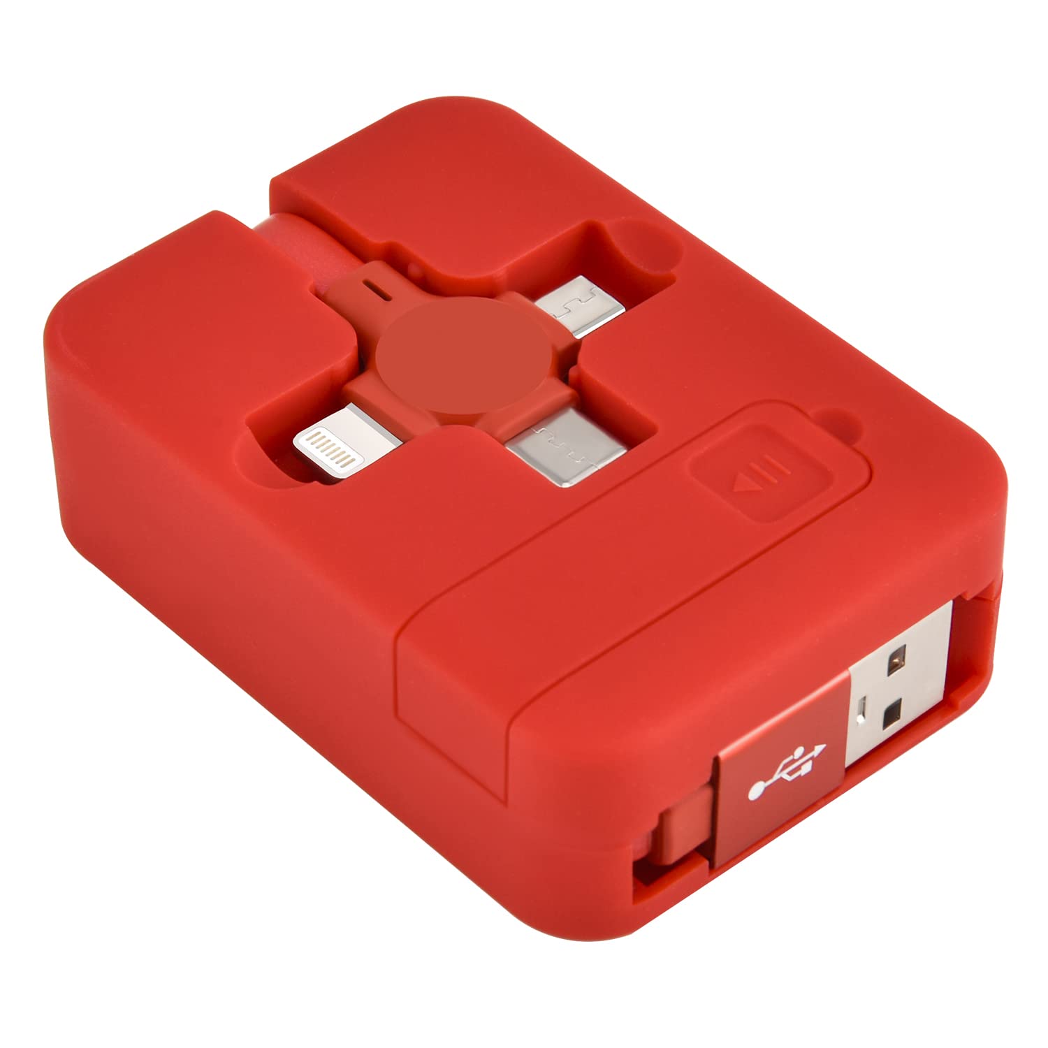 TEXXY 3-in-1 Retractable Charging Cable - Multi Charger for iPhone, Android, Laptop & Tablet - Portable Phone Holder & USB-C/Micro-USB/Lightning Cable - Perfect for Travel, Office & Home Use (Red)