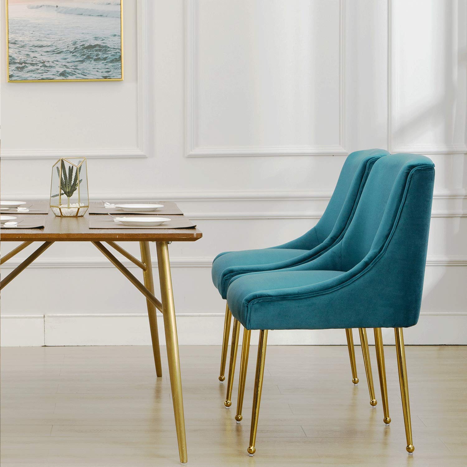 Guyou Teal Velvet Dining Chairs Set of 2 - Modern Upholstered Accent Chairs with Gold Metal Legs for Kitchen, Dining Room, Living Room & Bedroom - Perfect for Small Spaces, Apartment Dining & Home Decor (Teal)