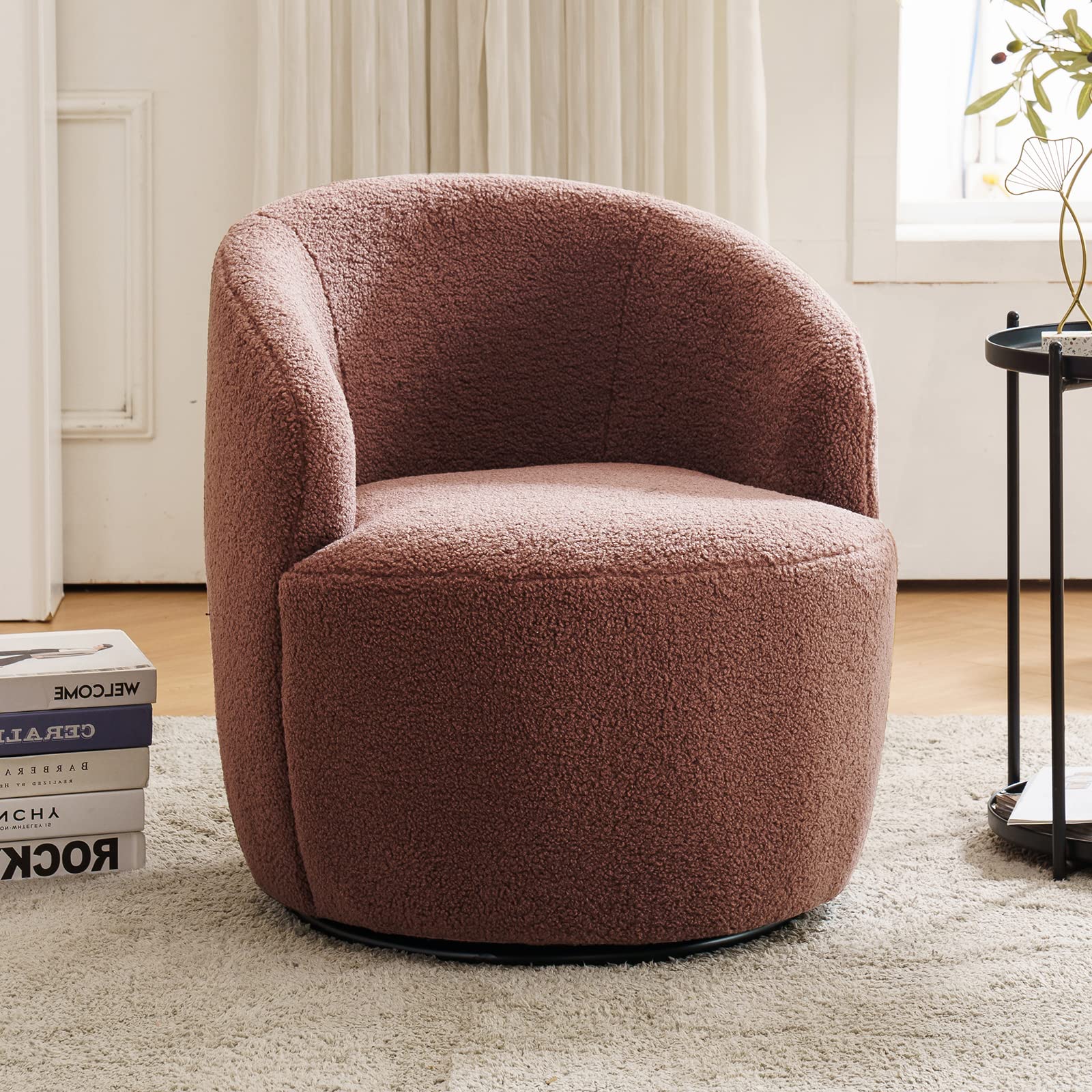 360° Swivel Barrel Accent Chair - Fuzzy Round Sofa Chair with Lamb Wool Upholstery for Living Room, Bedroom, Lounge & Hotel | Comfortable Reading Chair & Leisure Armchair (Red)