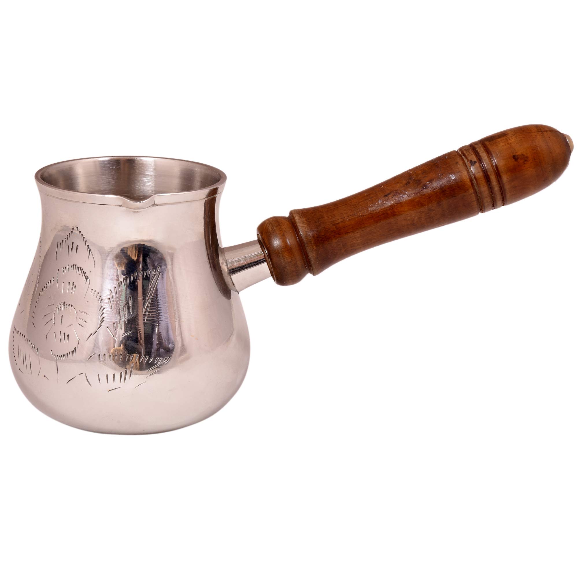 Diollo Engraved Brass Turkish Greek Arabic Coffee Pot - 8oz Stovetop Cezve Ibrik Briki with Wooden Handle | Traditional Middle Eastern Coffee Maker for Home, Gifts & Authentic Brewing Experience