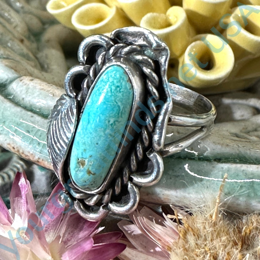 Sterling Silver One Feather Ring with Pale Blue Turquoise - Size 6 - M. Weahkee - Perfect for Boho Jewelry Lovers & Native American Style Accessories